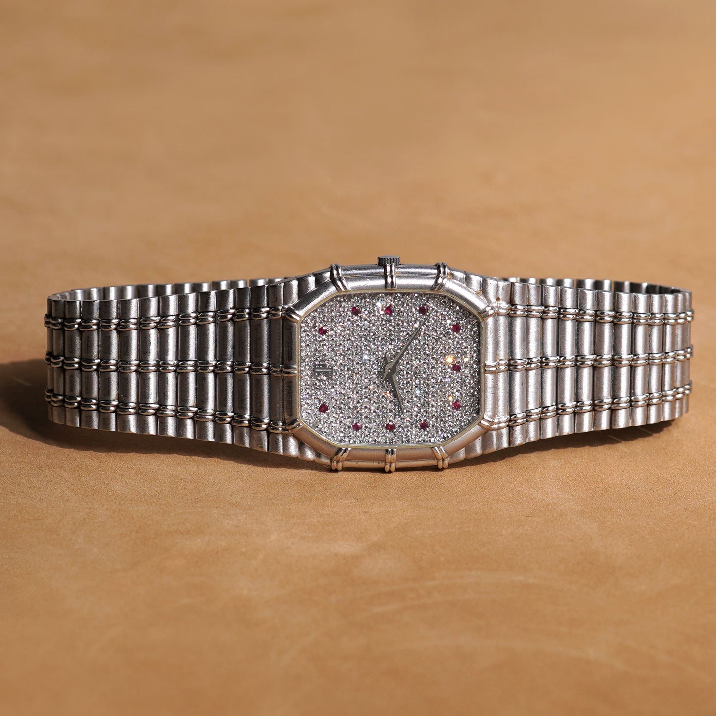 Audemars Piguet Bamboo, Pavé Diamond Dial with Ruby Indexes, White Gold