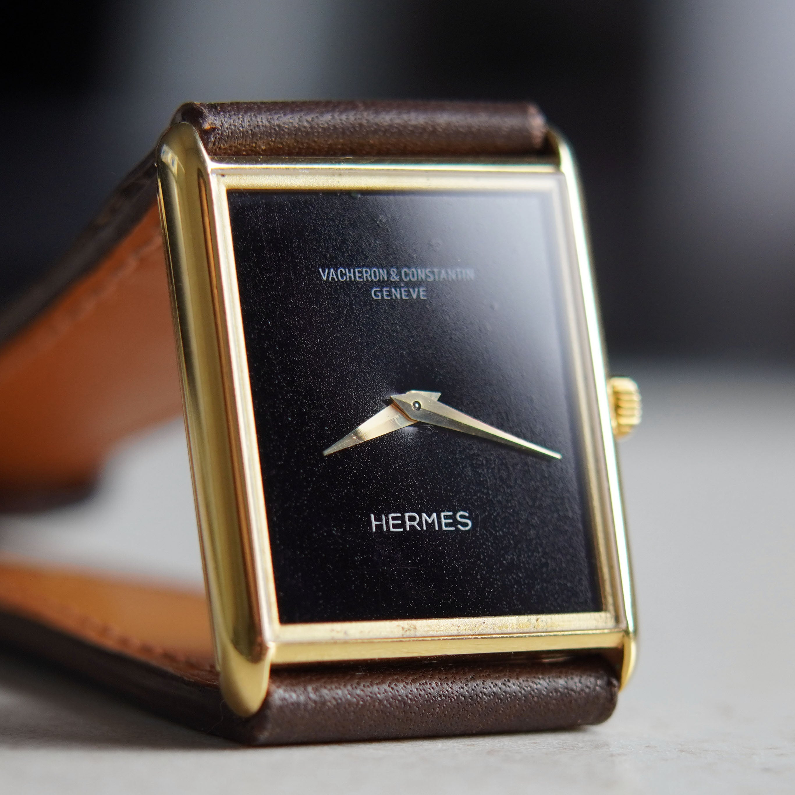 Vacheron Constantin Tank-Shaped Wristwatch, Double-signed Hermes, Yellow Gold