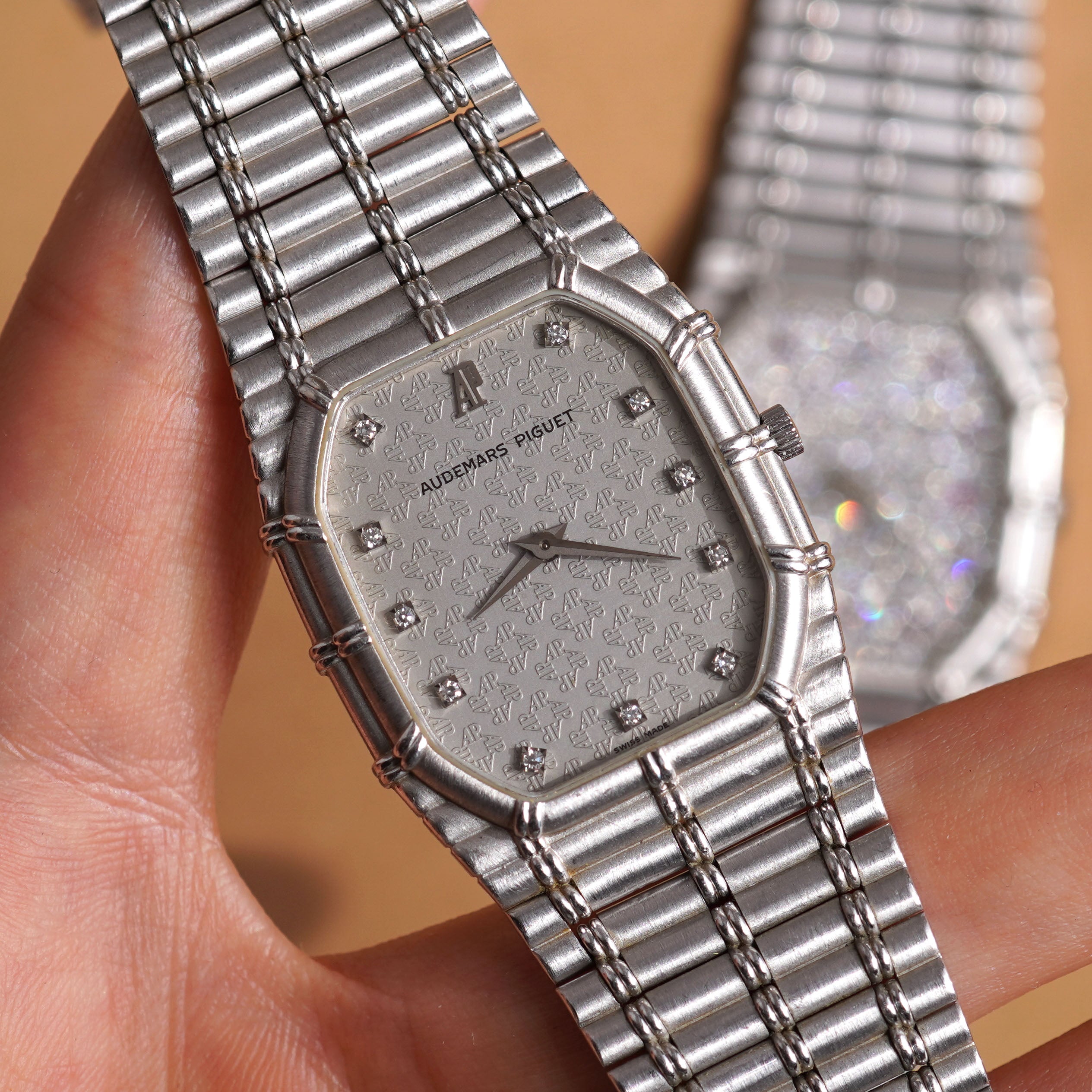 Audemars Piguet Bamboo, Manual wind, AP Logo Diamond Index, White Gold