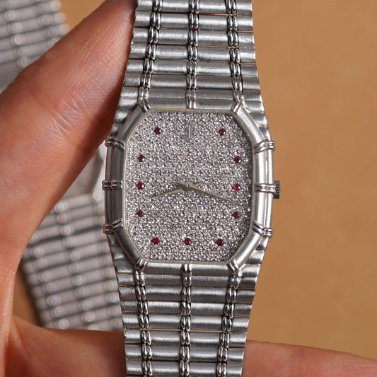 Audemars Piguet Bamboo, Pavé Diamond Dial with Ruby Indexes, White Gold