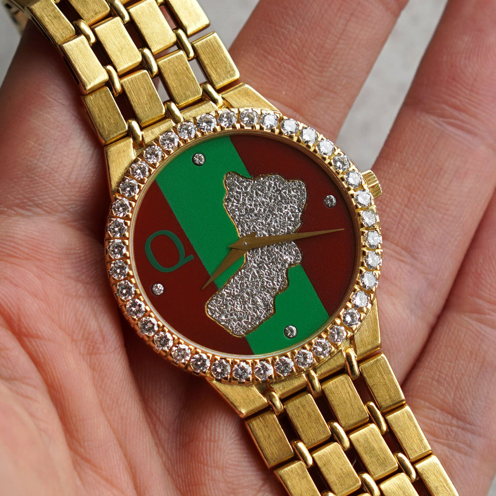 Rare Piaget Bracelet Watch, Diamond Bezel, Dial with diamond-set map of Oman, Asprey, Commissioned by Sultan Qaboos of Oman, Yellow Gold