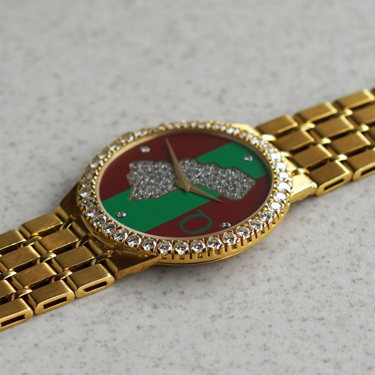 Rare Piaget Bracelet Watch, Diamond Bezel, Dial with diamond-set map of Oman, Asprey, Commissioned by Sultan Qaboos of Oman, Yellow Gold