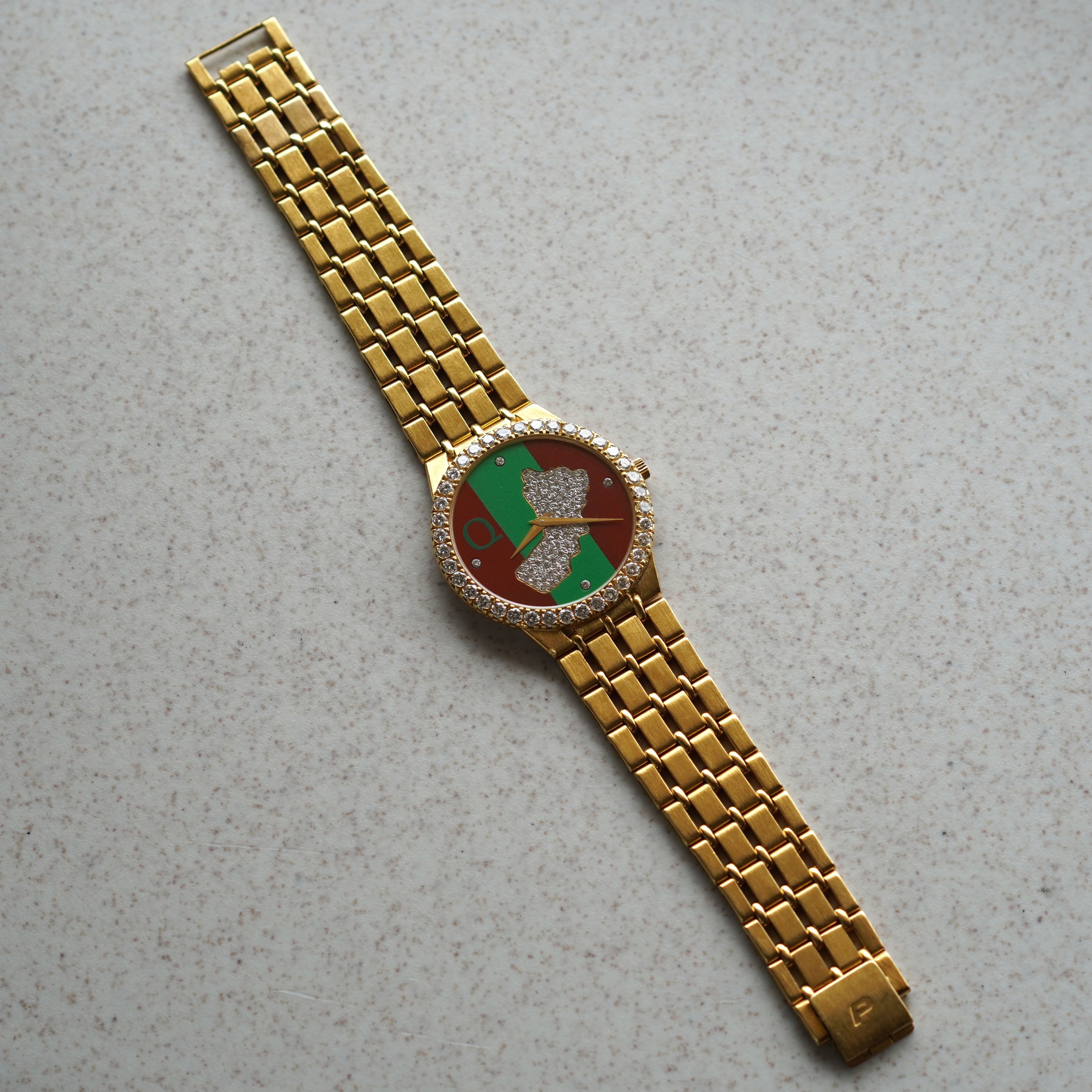 Rare Piaget Bracelet Watch, Diamond Bezel, Dial with diamond-set map of Oman, Asprey, Commissioned by Sultan Qaboos of Oman, Yellow Gold