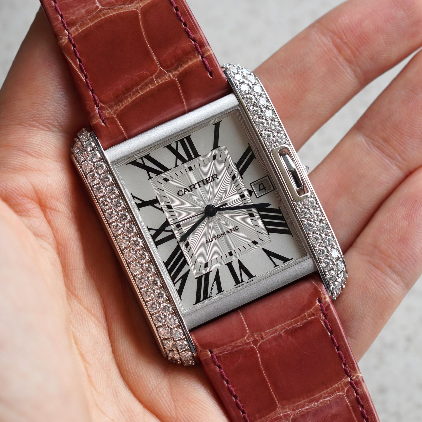 Cartier Tank Anglaise XL with Date and Cartier Factory Diamond Bezel, New Old Stock, White Gold