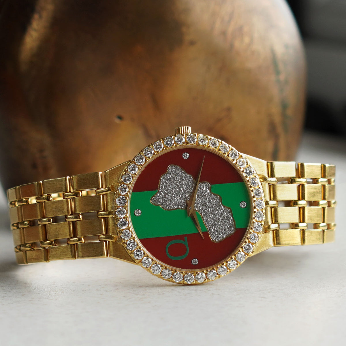 Rare Piaget Bracelet Watch, Diamond Bezel, Dial with diamond-set map of Oman, Asprey, Commissioned by Sultan Qaboos of Oman, Yellow Gold