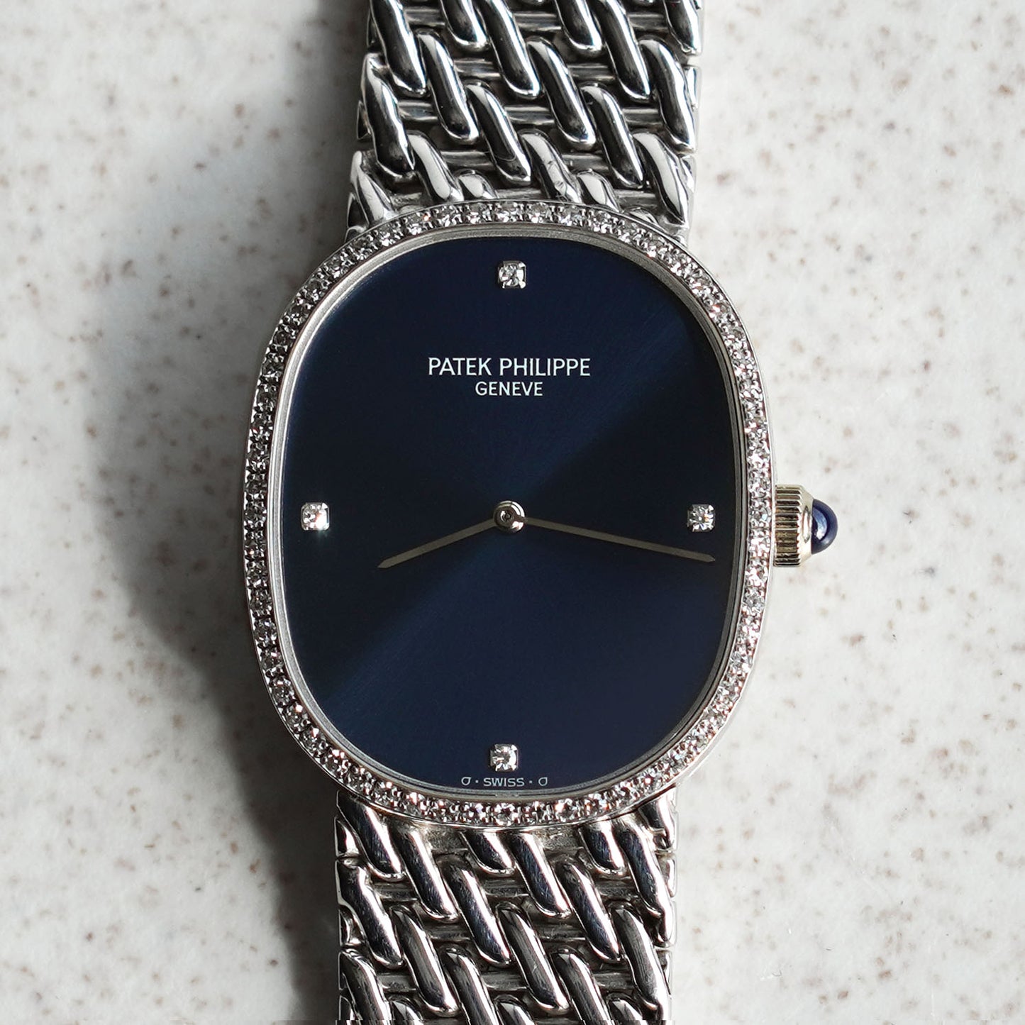 Patek Philippe Ellipse Bracelet Watch, Factory diamonds, Blue Sigma Dial, White Gold