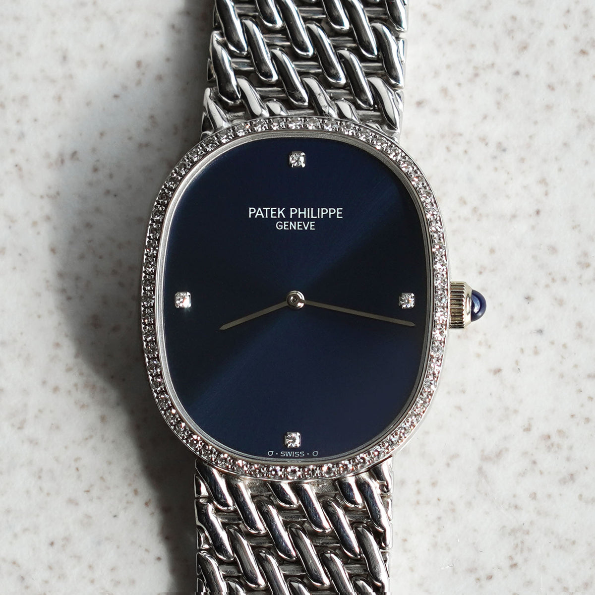 Patek Philippe Ellipse Bracelet Watch, Blue Sigma Dial, Diamond bezel, Ref. 3849/1, White Gold
