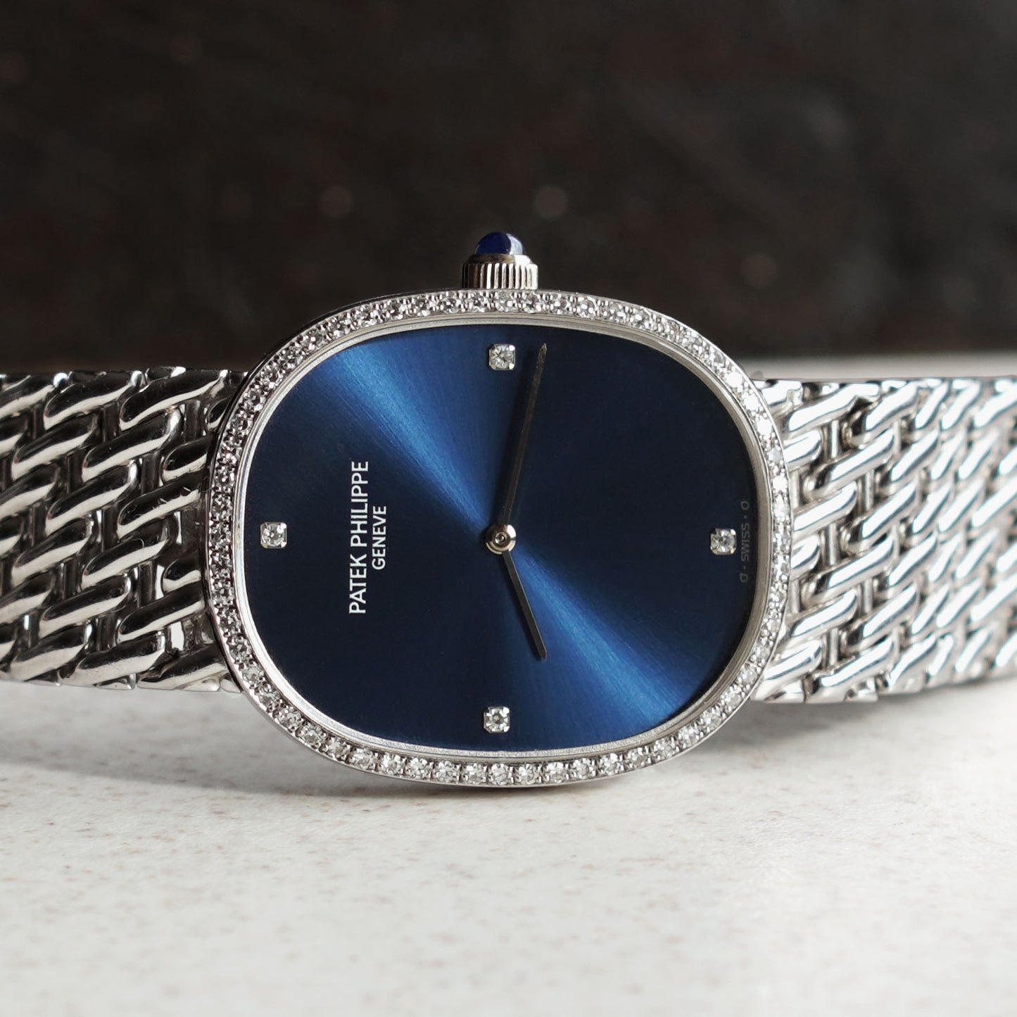 Patek Philippe Ellipse Bracelet Watch, Factory diamonds, Blue Sigma Dial, White Gold