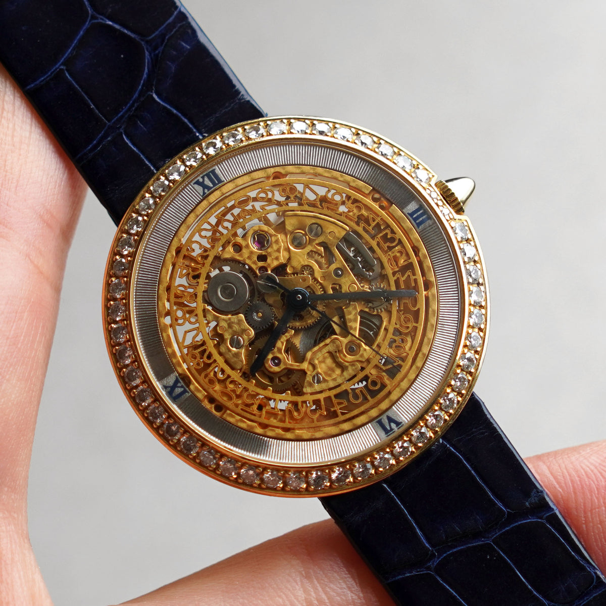 Rare Chaumet 13A, Factory Diamond Bezel and Skeleton Dial, Yellow Gold