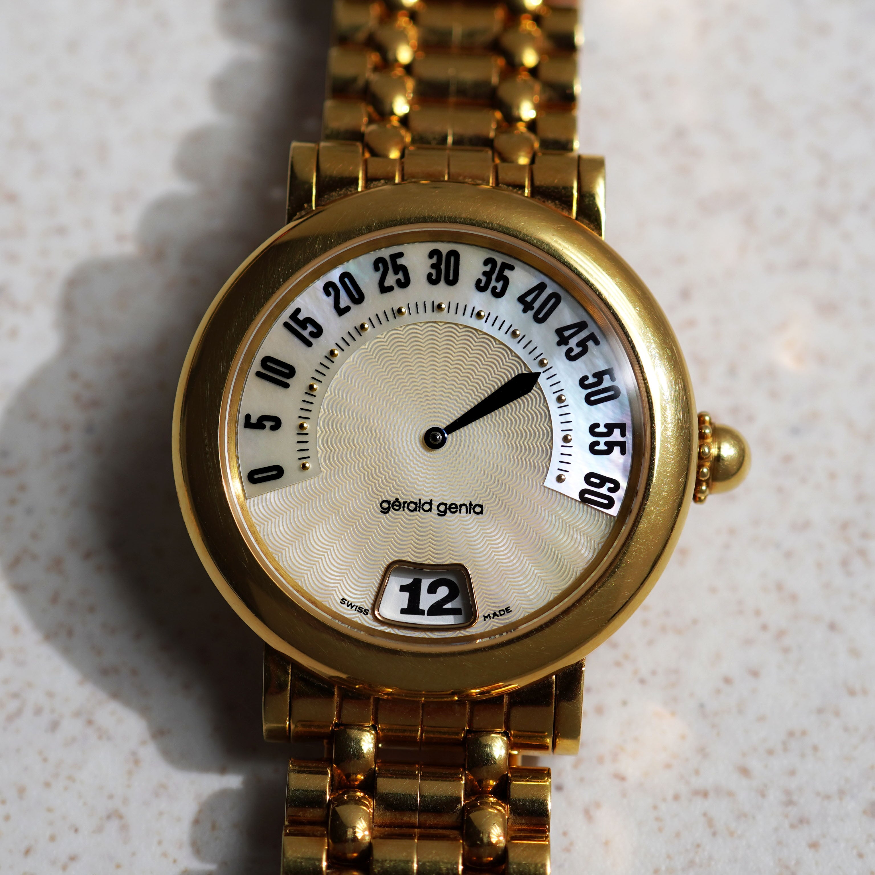 Gerald Genta Jumping Hour with Retrograde Minutes Bracelet Watch, Mother of Pearl Dial, Ref. G.3634, Yellow Gold