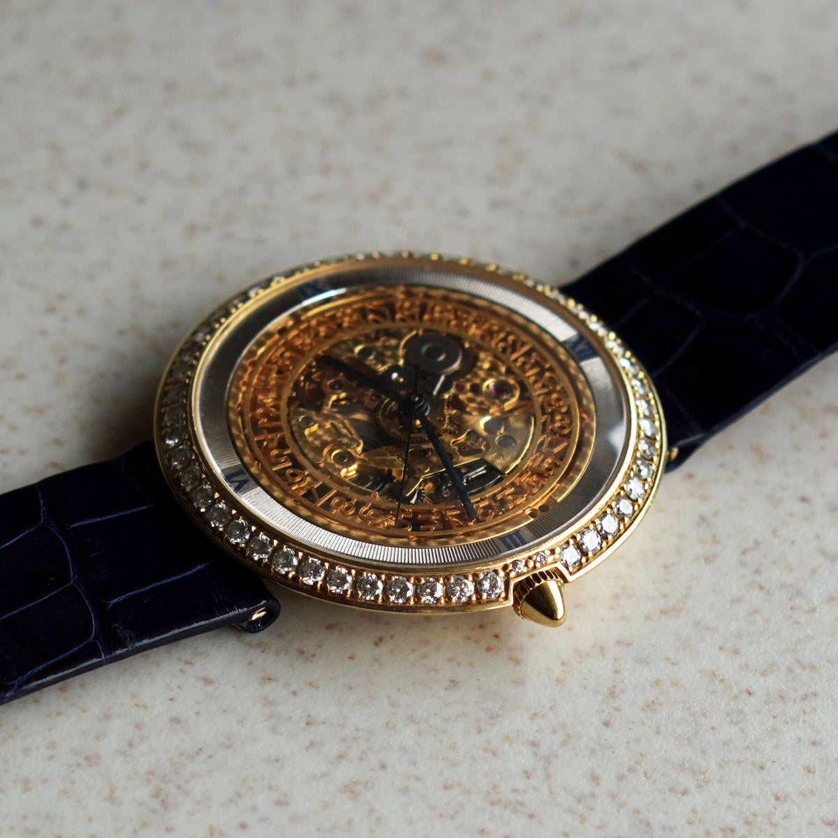 Rare Chaumet 13A, Factory Diamond Bezel and Skeleton Dial, Yellow Gold