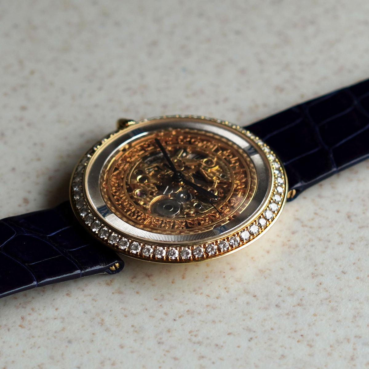 Rare Chaumet 13A, Factory Diamond Bezel and Skeleton Dial, Yellow Gold