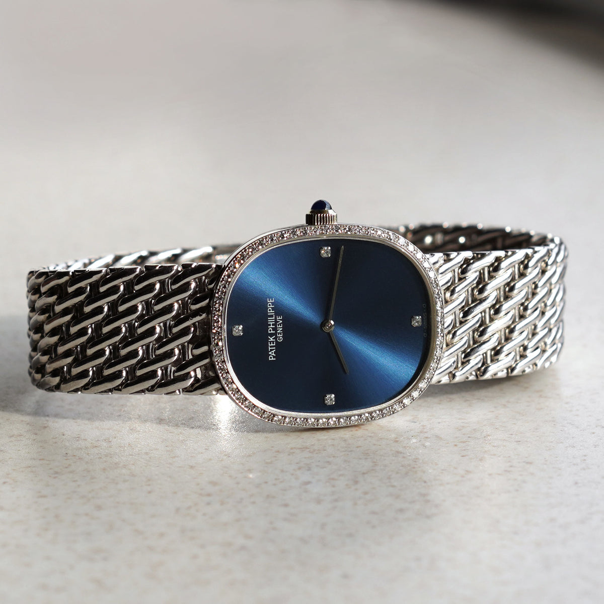 Patek Philippe Ellipse Bracelet Watch, Blue Sigma Dial, Diamond bezel, Ref. 3849/1, White Gold
