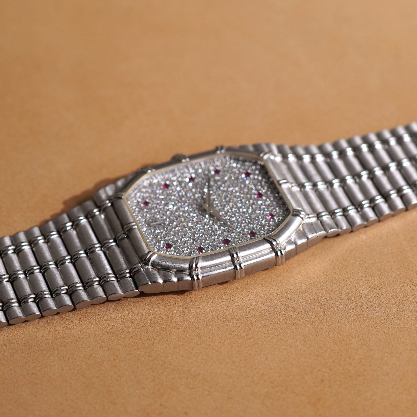 Audemars Piguet Bamboo, Pavé Diamond Dial with Ruby Indexes, White Gold