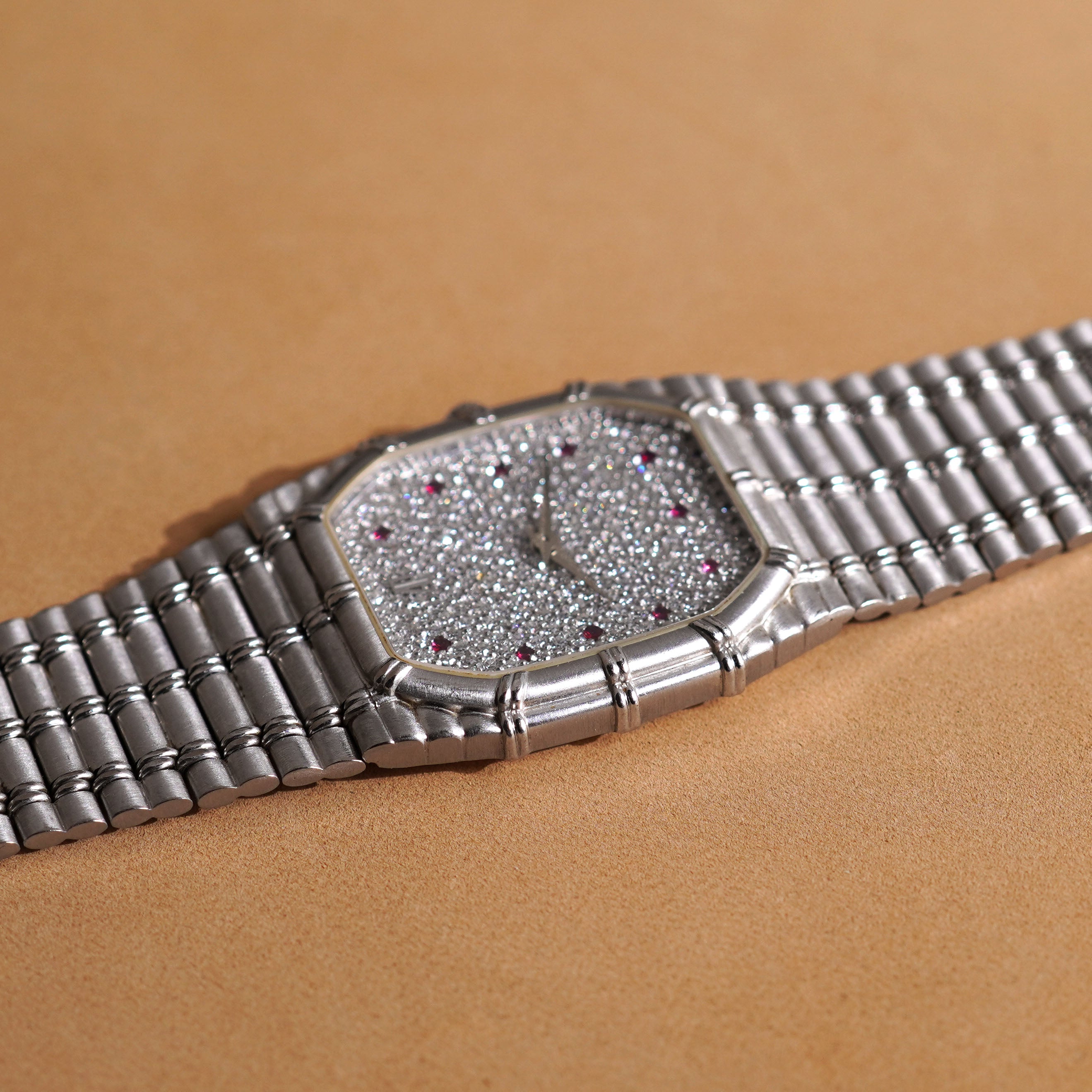 Audemars Piguet Bamboo, Pavé Diamond Dial with Ruby Indexes, White Gold