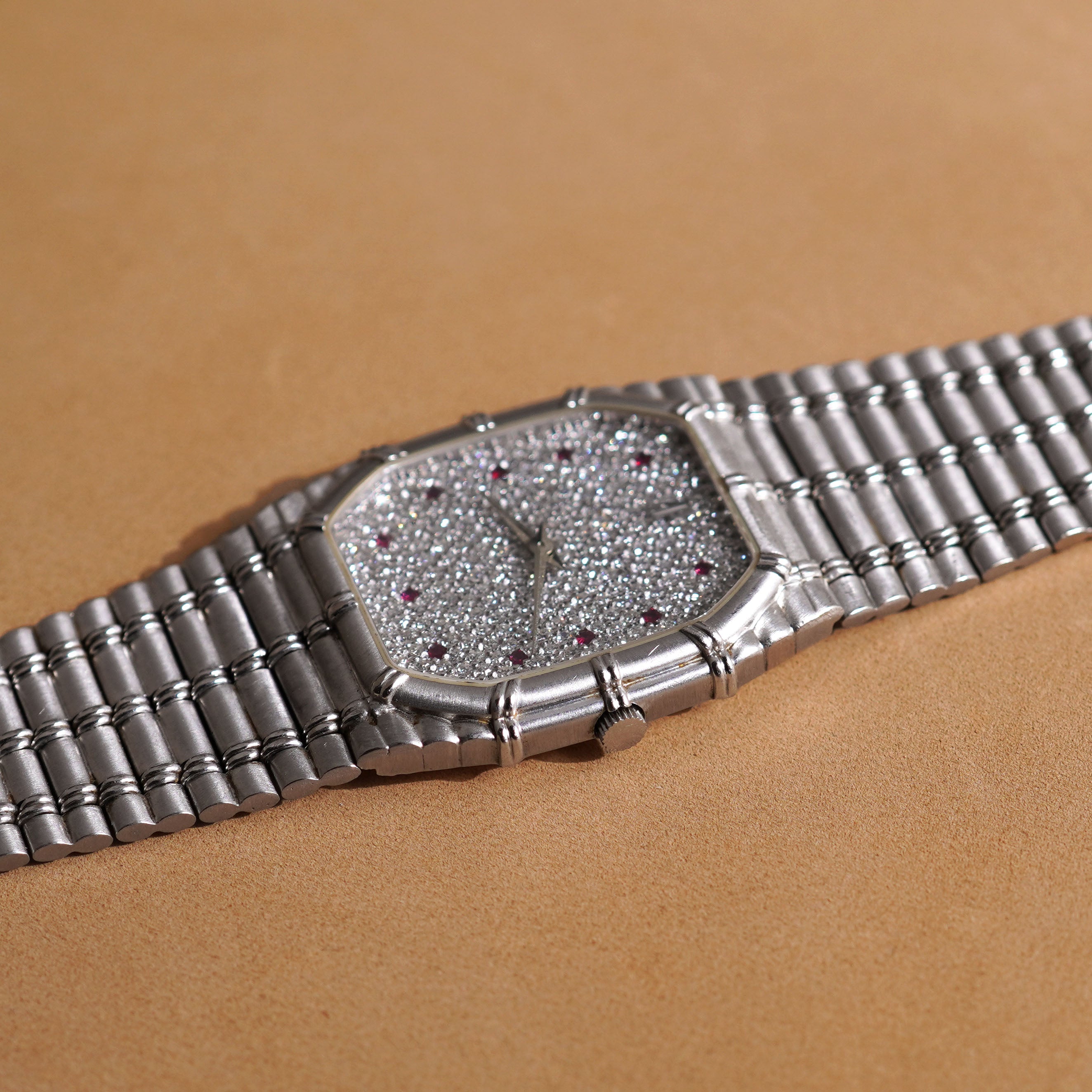 Audemars Piguet Bamboo, Pavé Diamond Dial with Ruby Indexes, White Gold