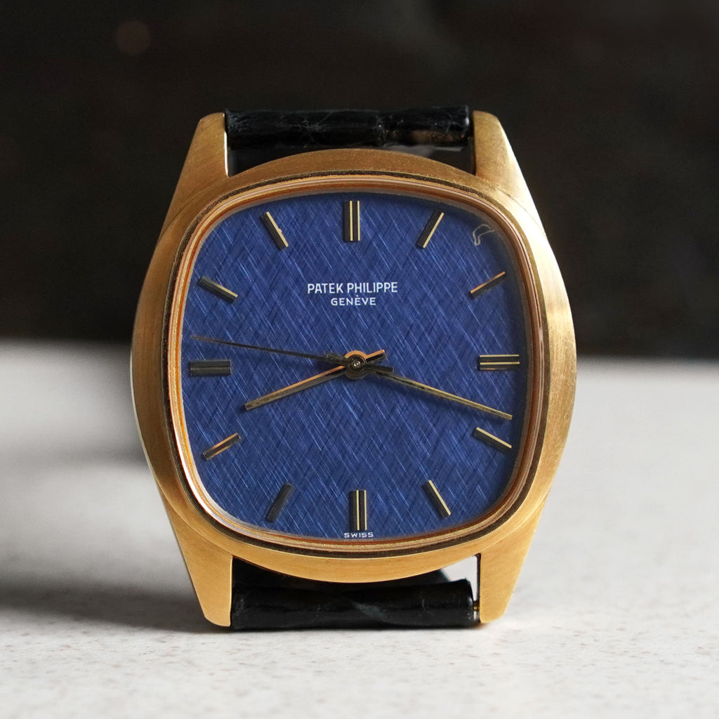 Patek Philippe Cushion-Shaped Watch, Blue Textured Dial, Ref. 3585, Yellow Gold