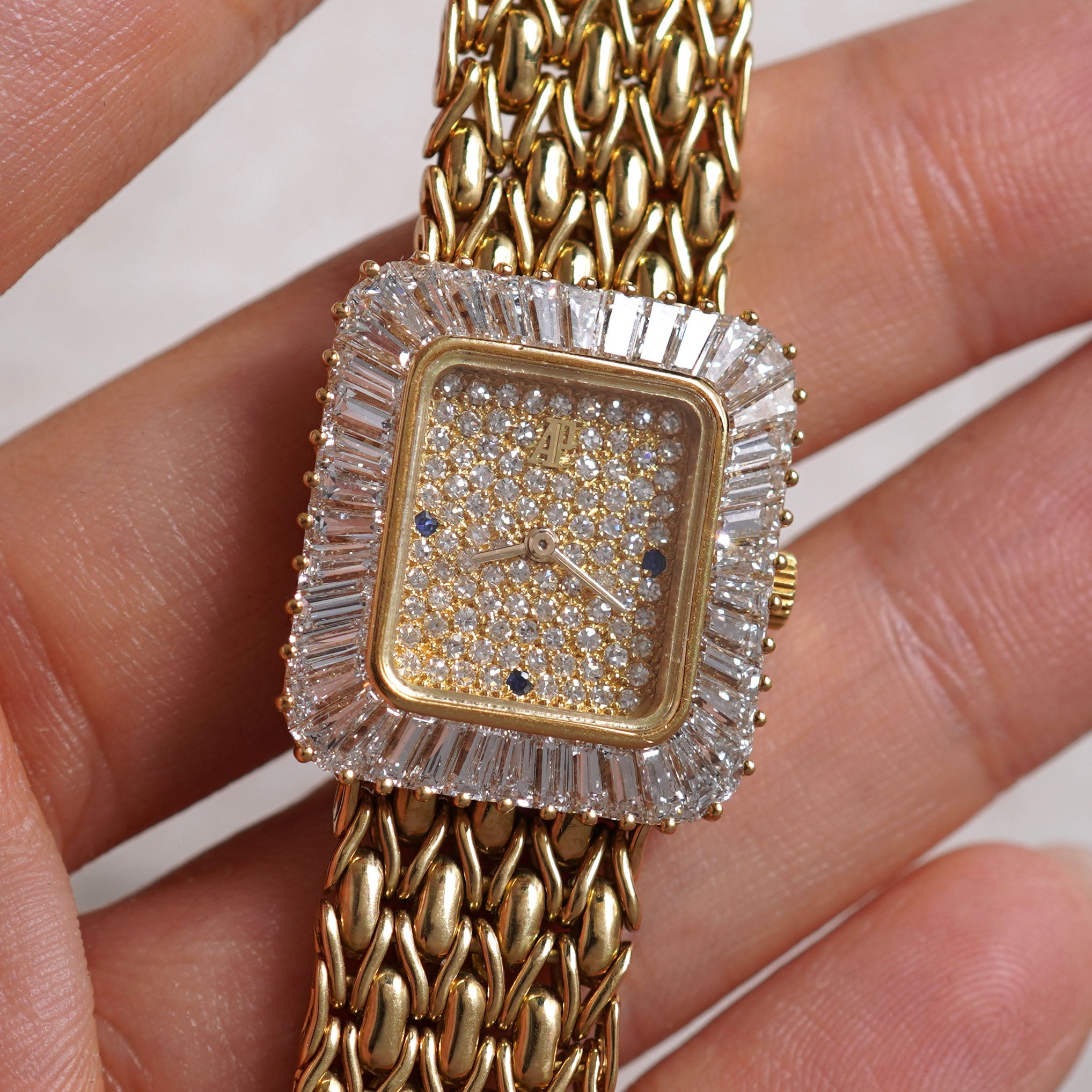 Audemars Piguet Bracelet Watch, Pavé diamond dial with Sapphire markers, Baguette diamond bezel, Yellow Gold