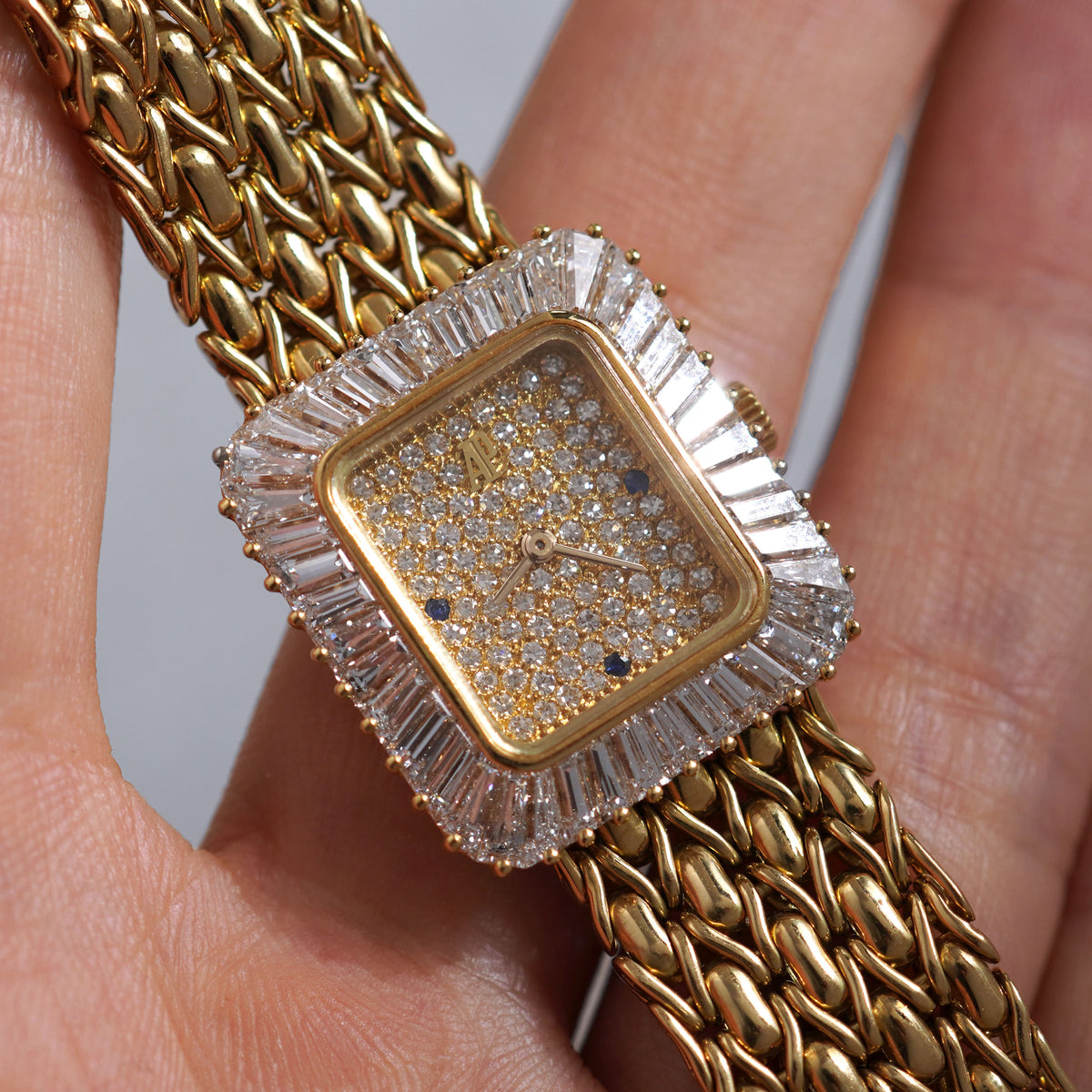 Audemars Piguet Bracelet Watch, Pavé diamond dial with Sapphire markers, Baguette diamond bezel, Yellow Gold