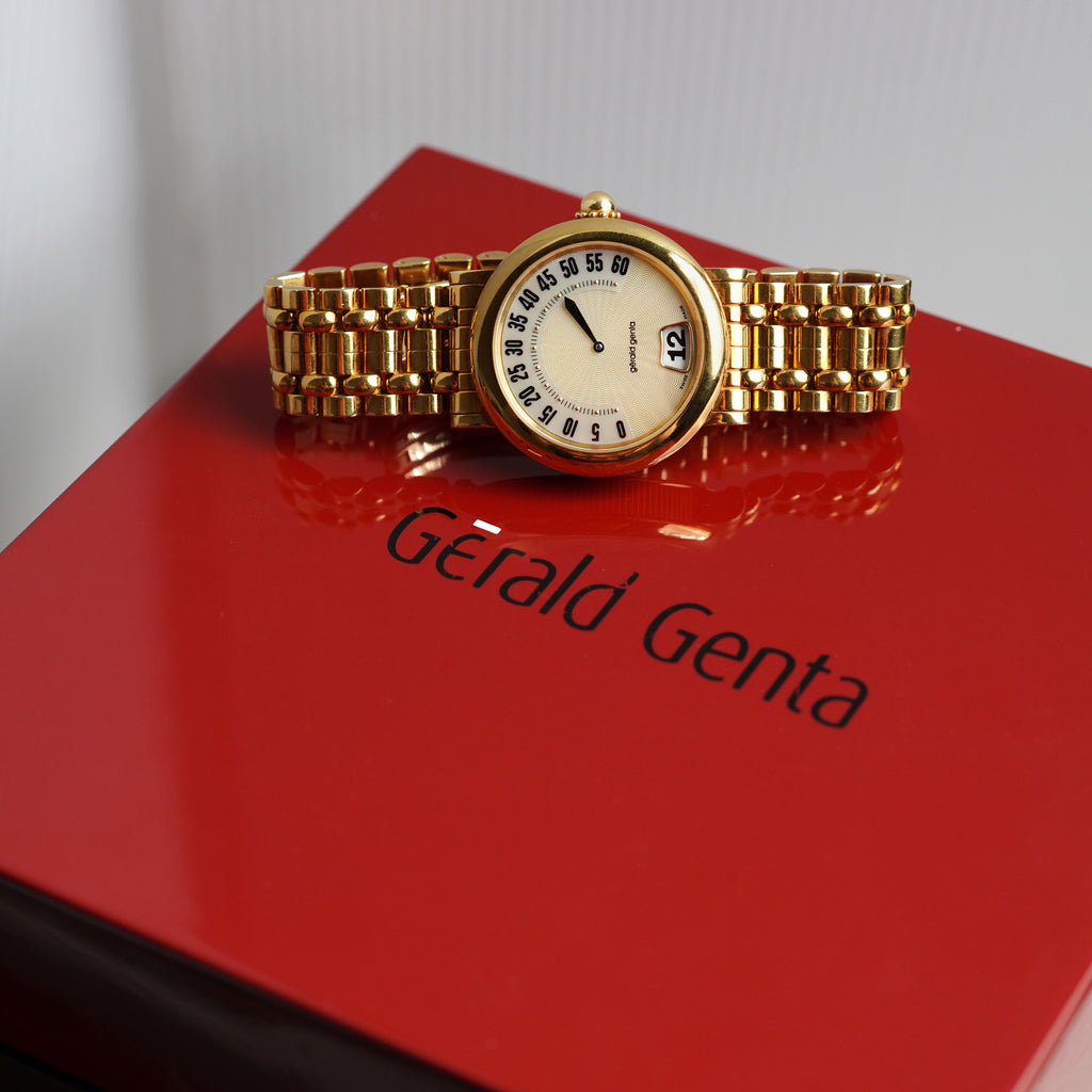 Gerald Genta Jumping Hour with Retrograde Minutes Bracelet Watch, Mother of Pearl Dial, Ref. G.3634, Yellow Gold