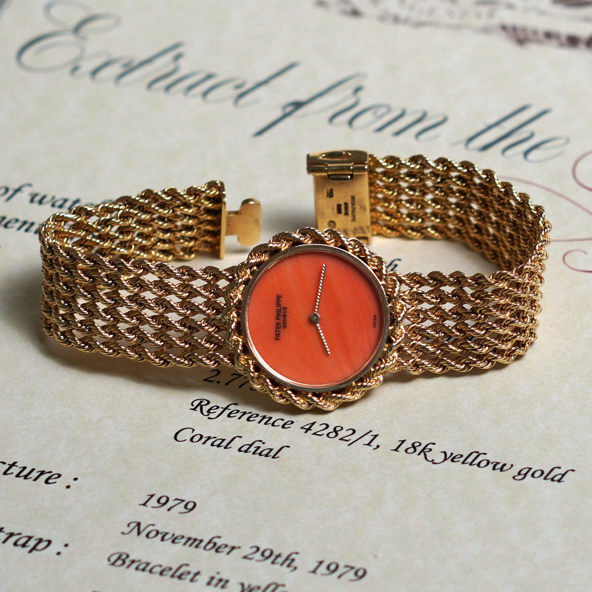 Patek Philippe Bracelet Watch, Coral dial, Ref. 4282/1, Yellow Gold