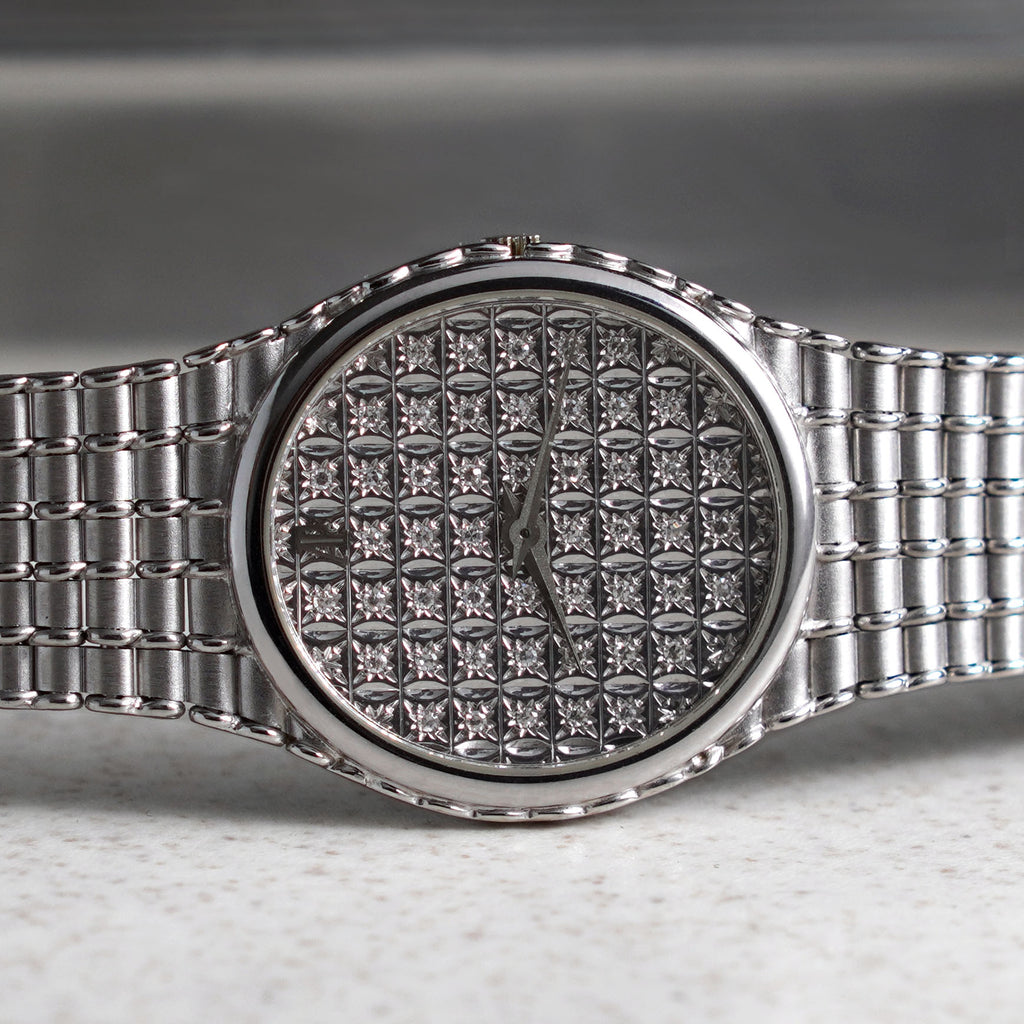 Audemars Piguet Oval-shaped Wristwatch, Diamond Dial, Bamboo Bracelet, White Gold