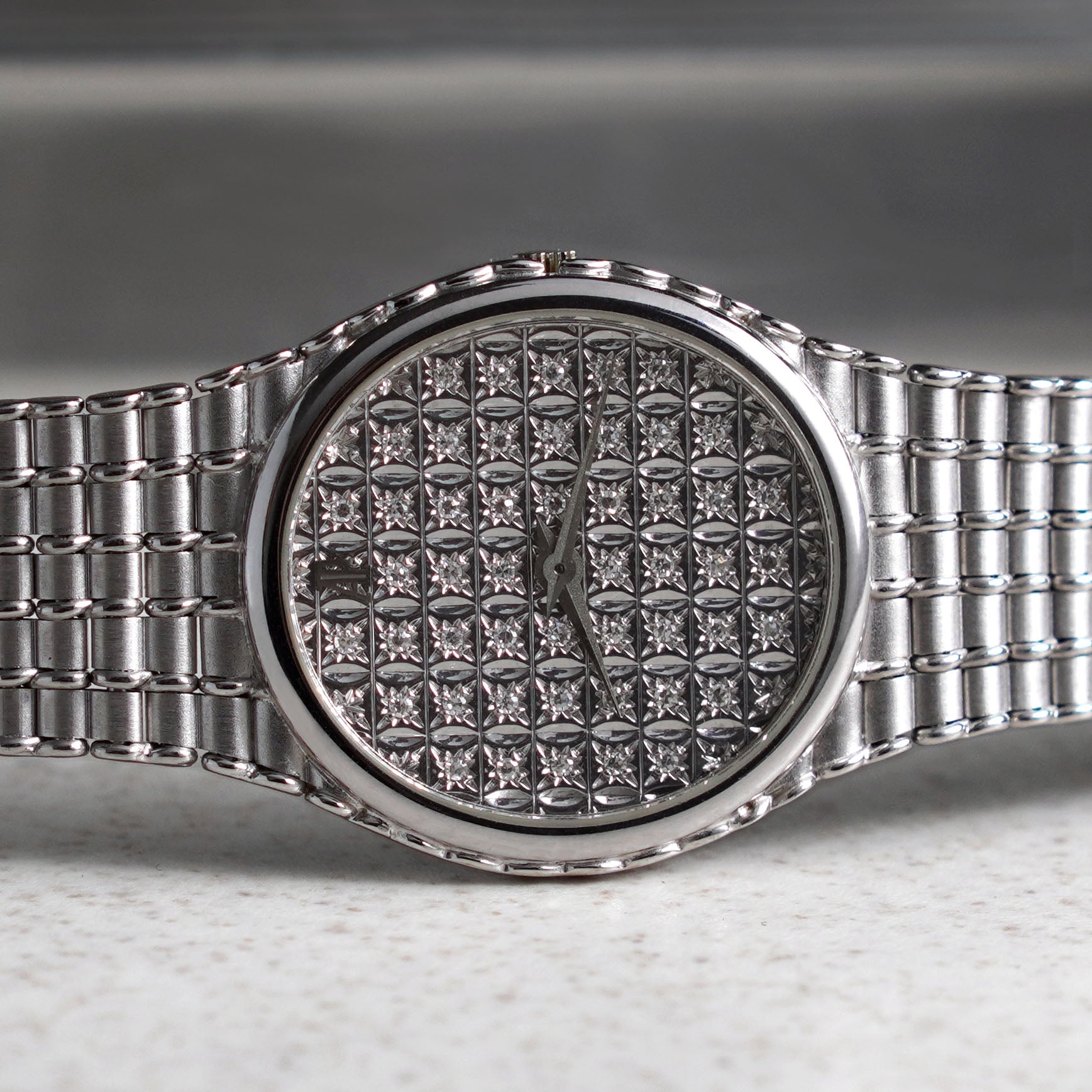 Audemars Piguet Oval-shaped Wristwatch, Diamond Dial, Bamboo Bracelet, White Gold