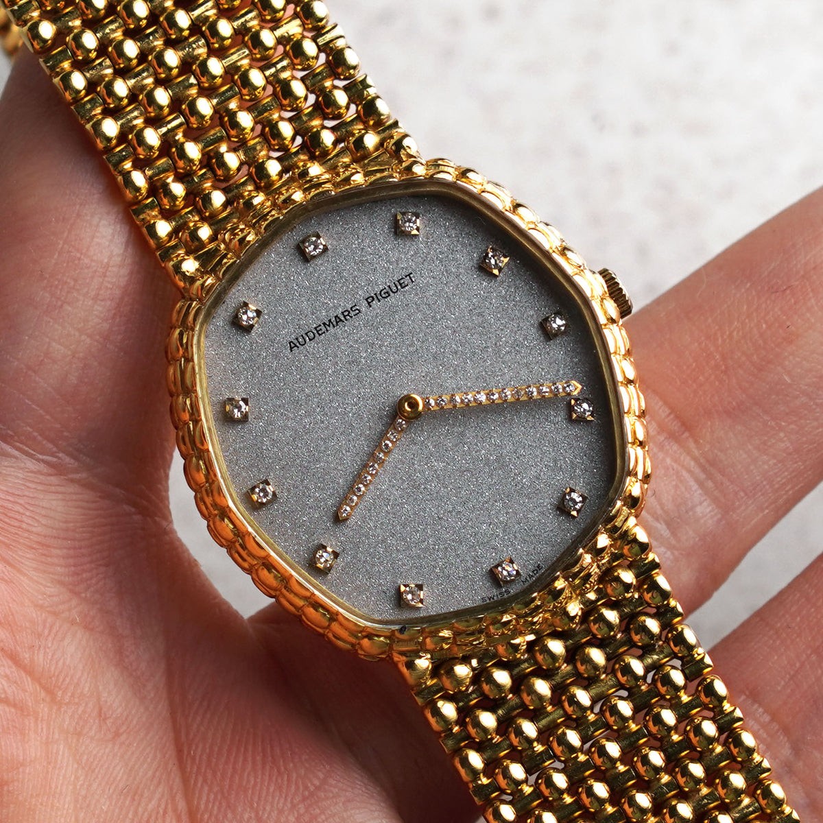 Audemars Piguet Octagonal Bracelet Watch, Snowflake dial with Diamond Markers and Hands, Yellow Gold