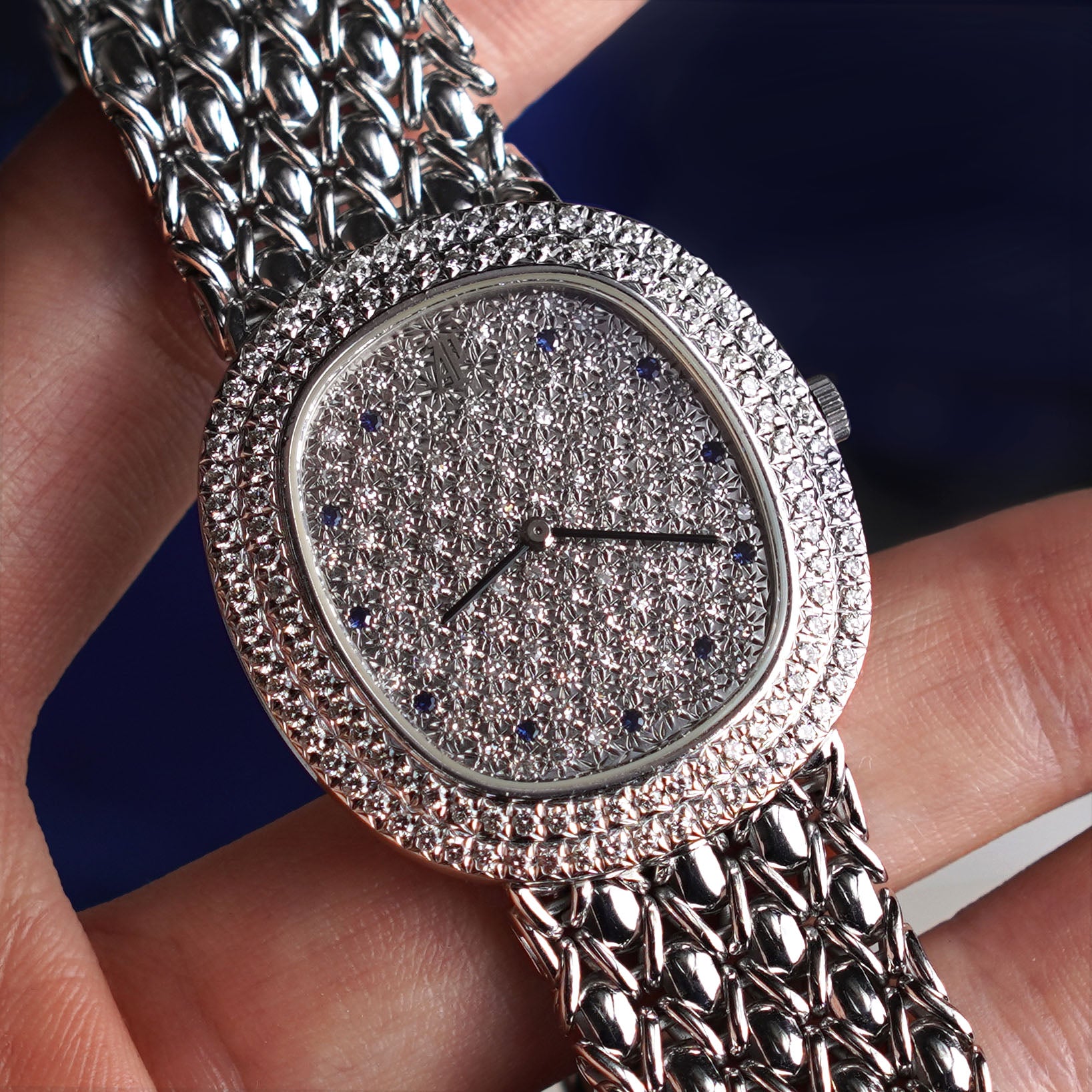Audemars Piguet Oval-shaped Wristwatch, Diamond Bezel and Pavé Diamond Dial with Sapphires, White Gold