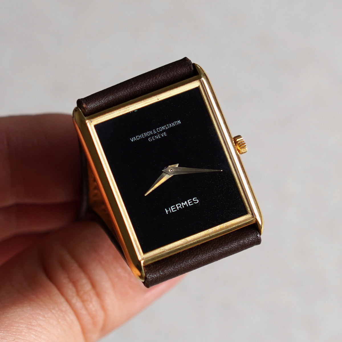 Vacheron Constantin Tank-Shaped Wristwatch, Double-signed Hermes, Yellow Gold