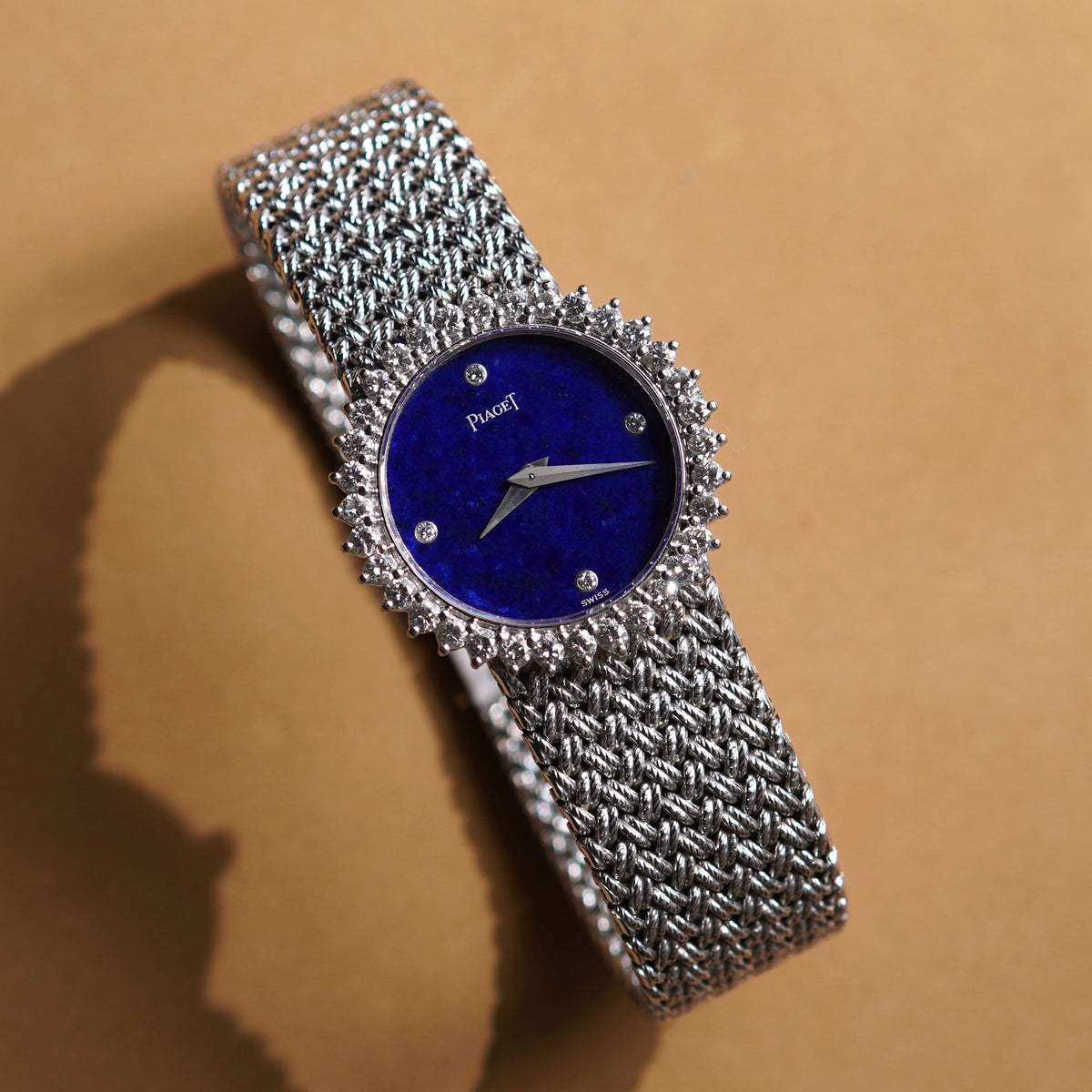 Piaget bracelet watch, Ref. 924D4, Lapis Lazuli dial, Diamond bezel, White Gold