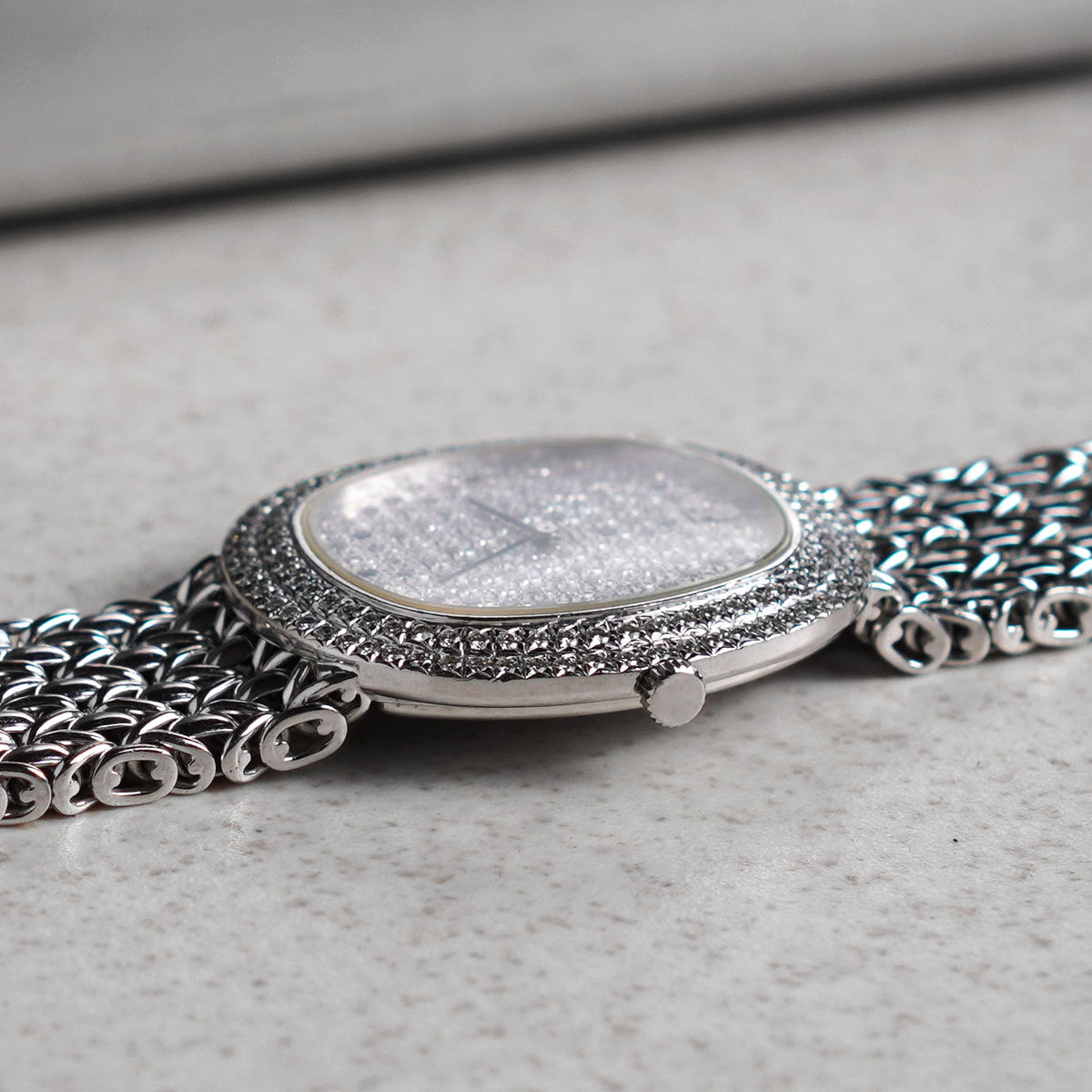 Audemars Piguet Oval-shaped Wristwatch, Diamond Bezel and Pavé Diamond Dial with Sapphires, White Gold