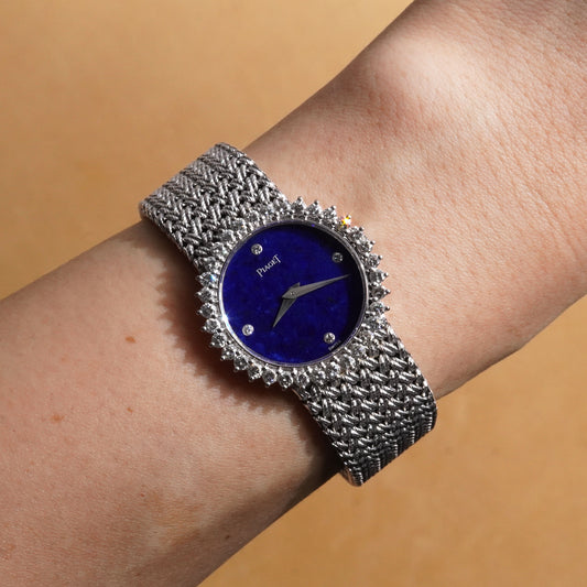 Piaget bracelet watch, Ref. 924D4, Lapis Lazuli dial, Diamond bezel, White Gold