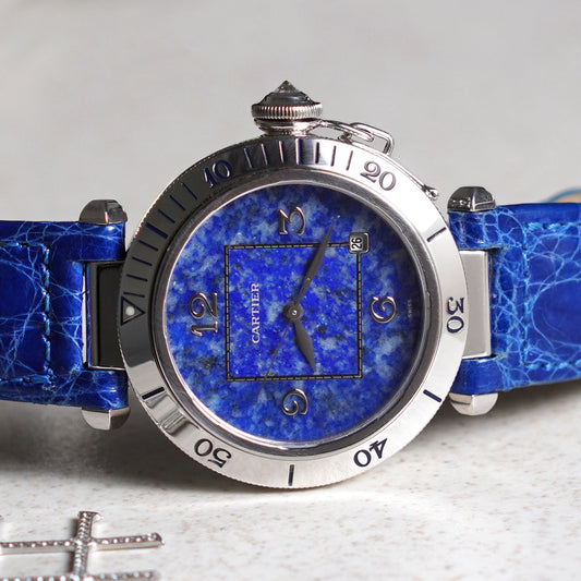 Cartier Pasha, Lapis Lazuli Dial and Diamond Grill, White Gold