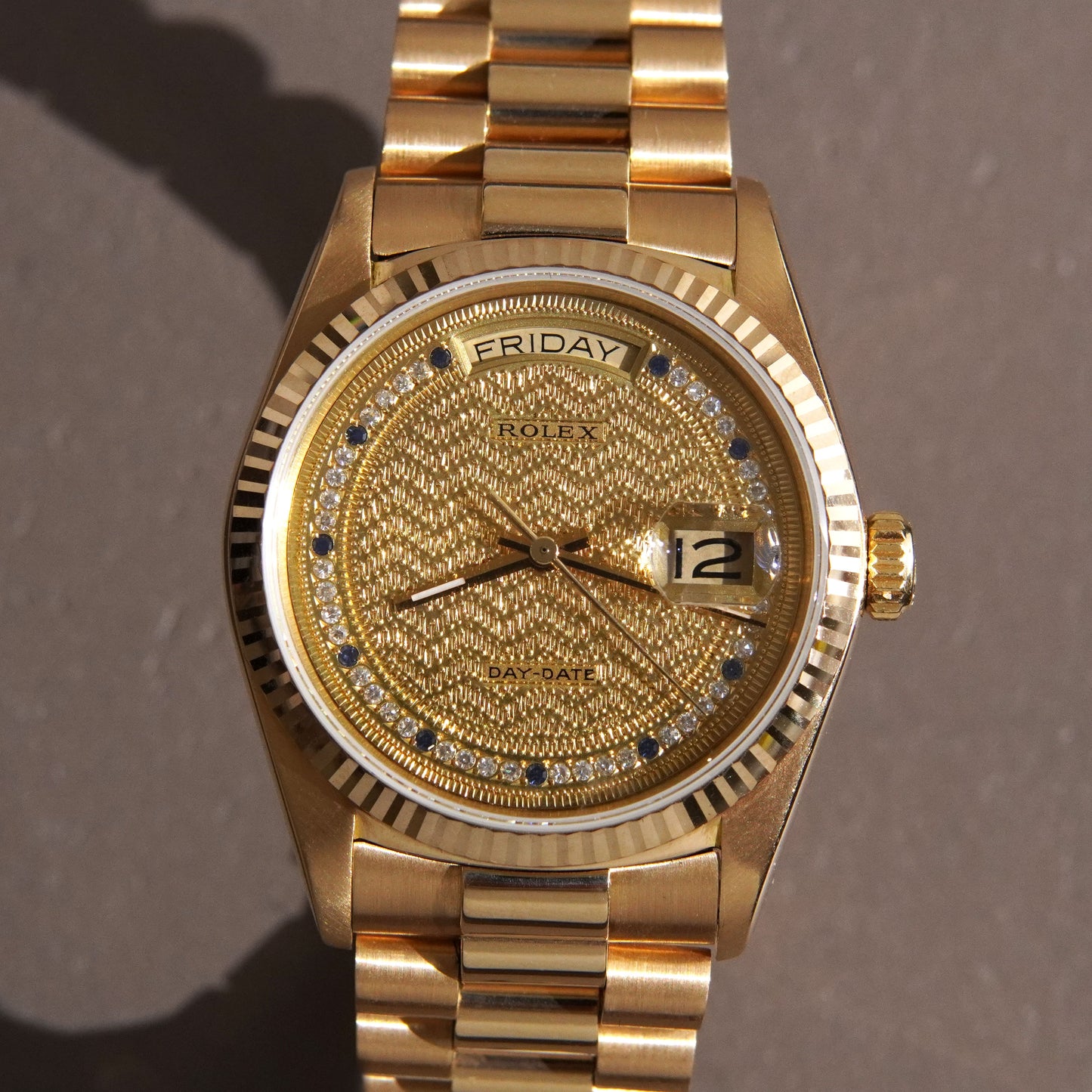 Rolex Day-Date 18038, Missoni Dial with Diamonds and Sapphires, Yellow Gold