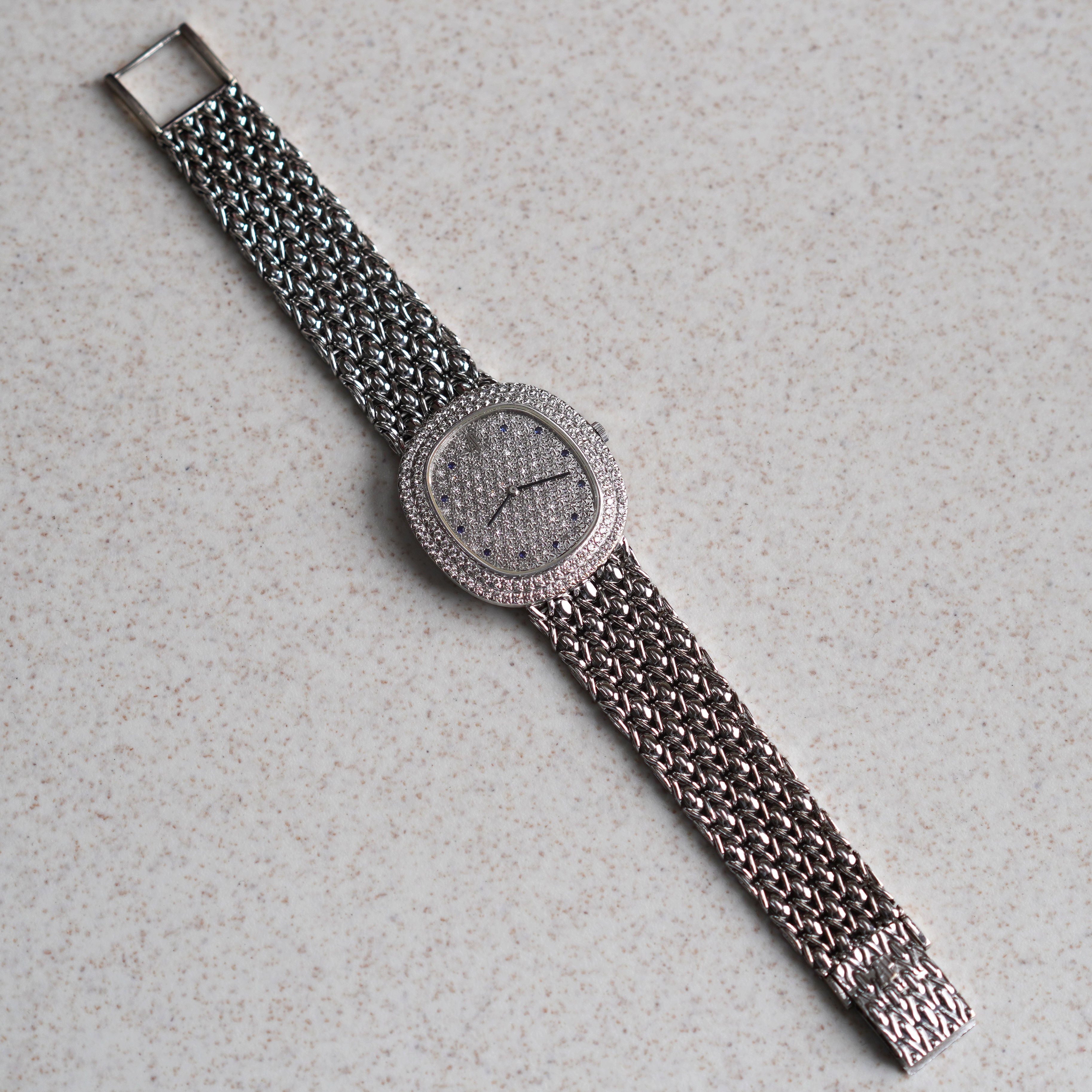 Audemars Piguet Oval-shaped Wristwatch, Diamond Bezel and Pavé Diamond Dial with Sapphires, White Gold
