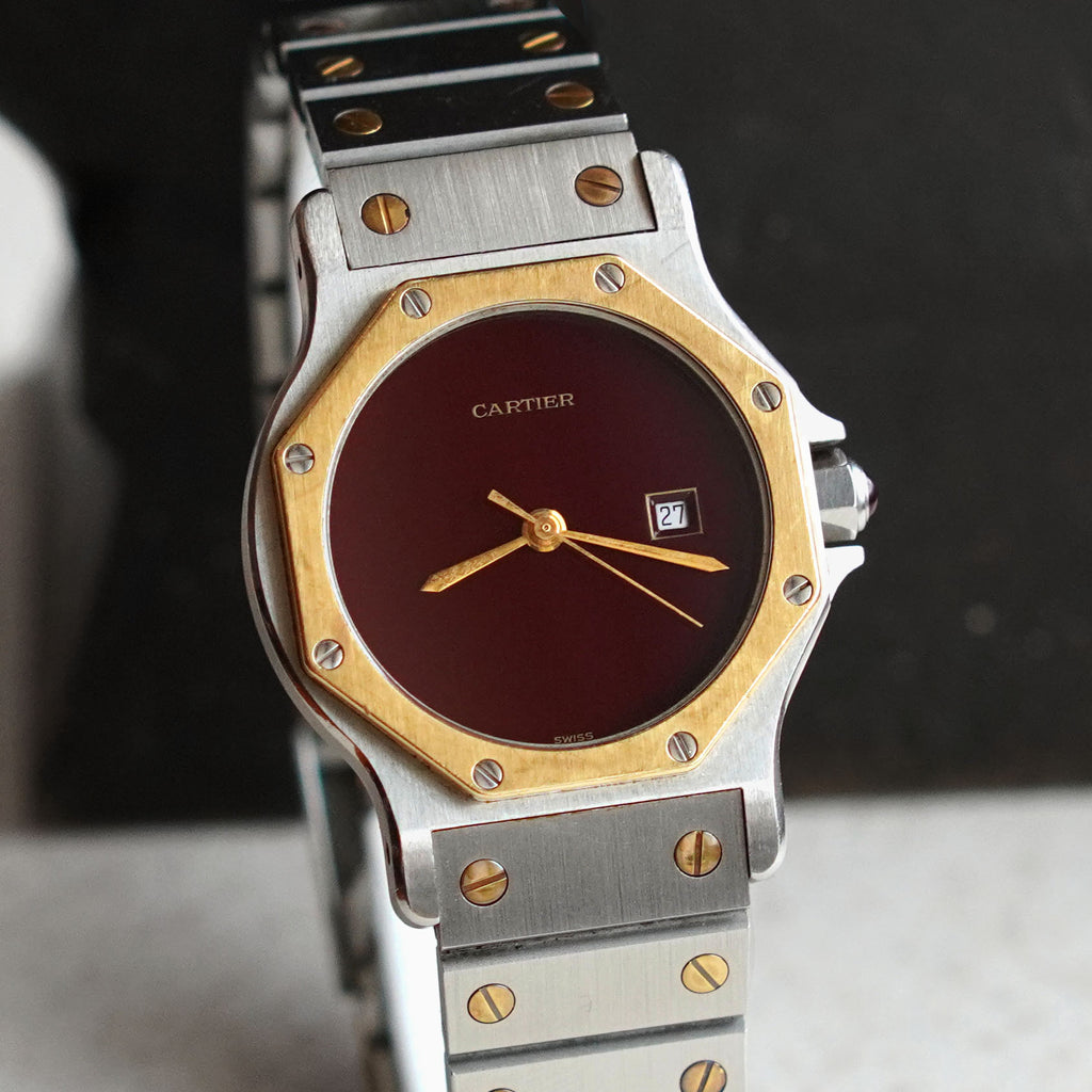 Cartier Santos Octagon LM Rare Burgundy Dial, Ref. 2966, Steel and Gold