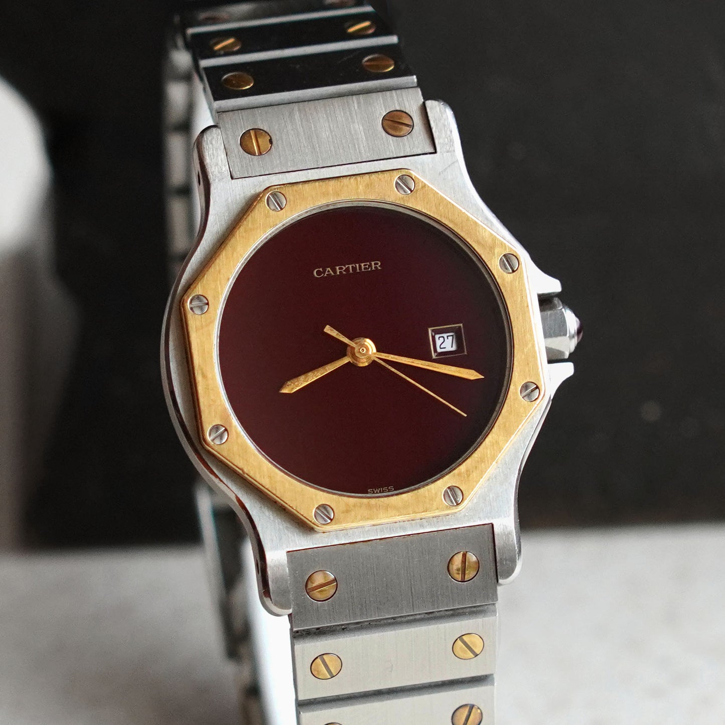 Cartier Santos Octagon LM Rare Burgundy Dial, Steel and Gold