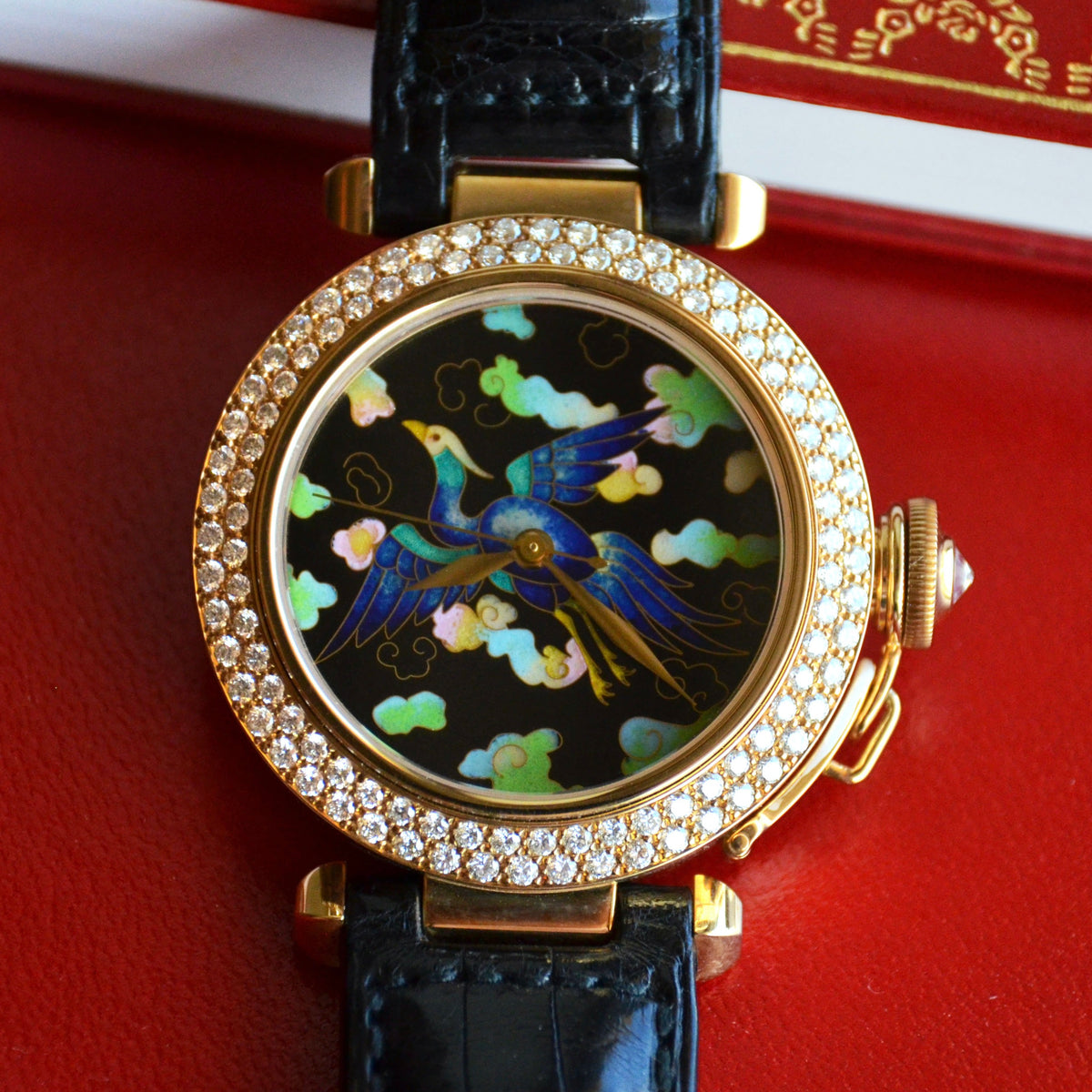 Cartier Limited Pasha with Cloisonné Enamel Dial Phoenix Motif, Ref. 2469, Yellow Gold and Diamonds