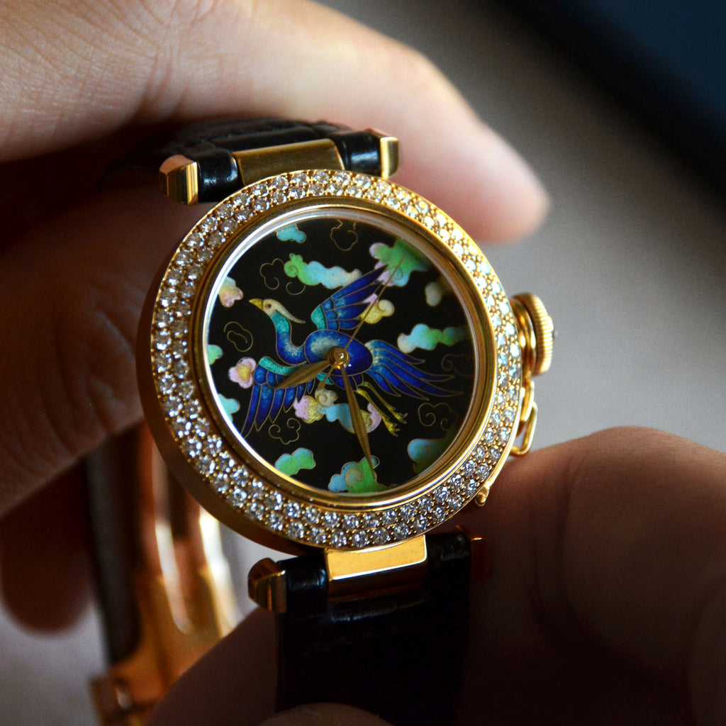 Cartier Limited Pasha with Cloisonné Enamel Dial Phoenix Motif, Ref. 2469, Yellow Gold and Diamonds