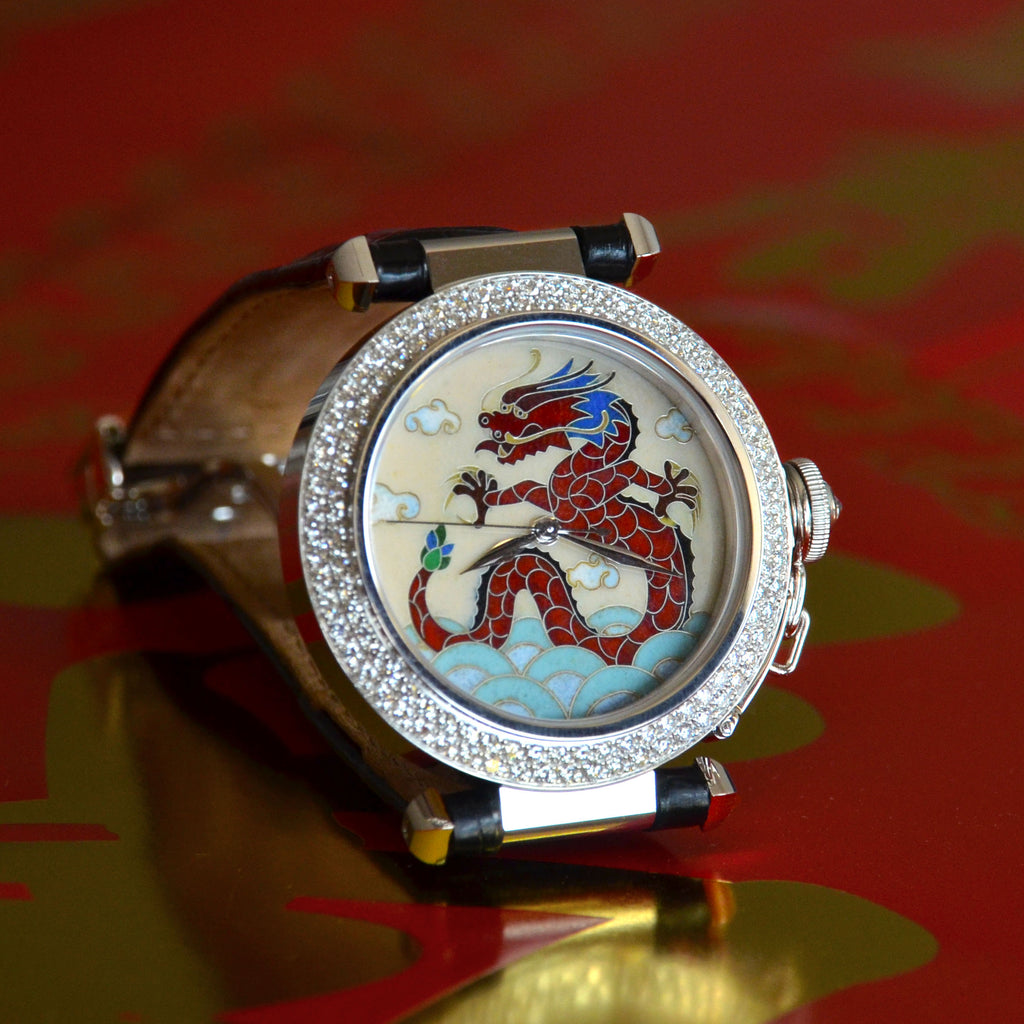 Cartier Limited Pasha Cloisonné Enamel Dial Dragon, White Gold and Diamonds