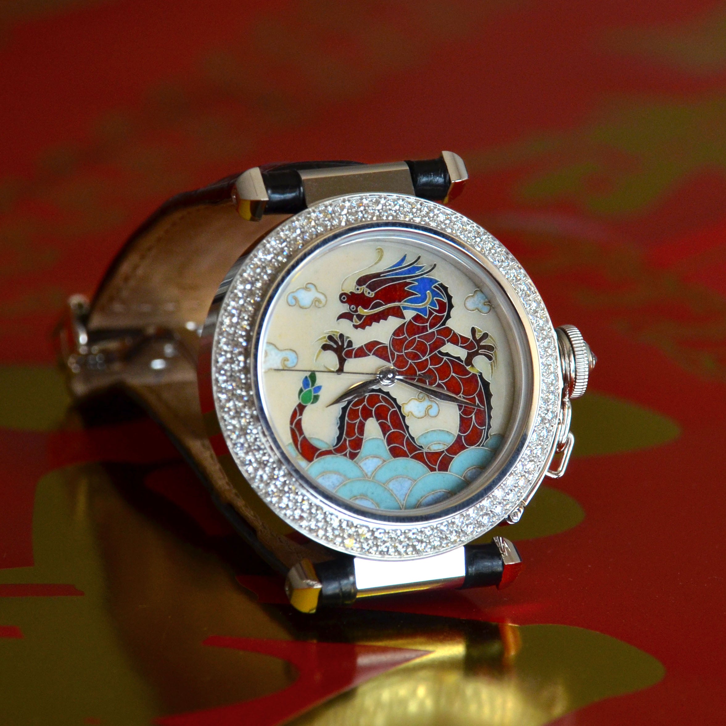 Cartier Limited Pasha Cloisonné Enamel Dial Dragon, White Gold and Diamonds