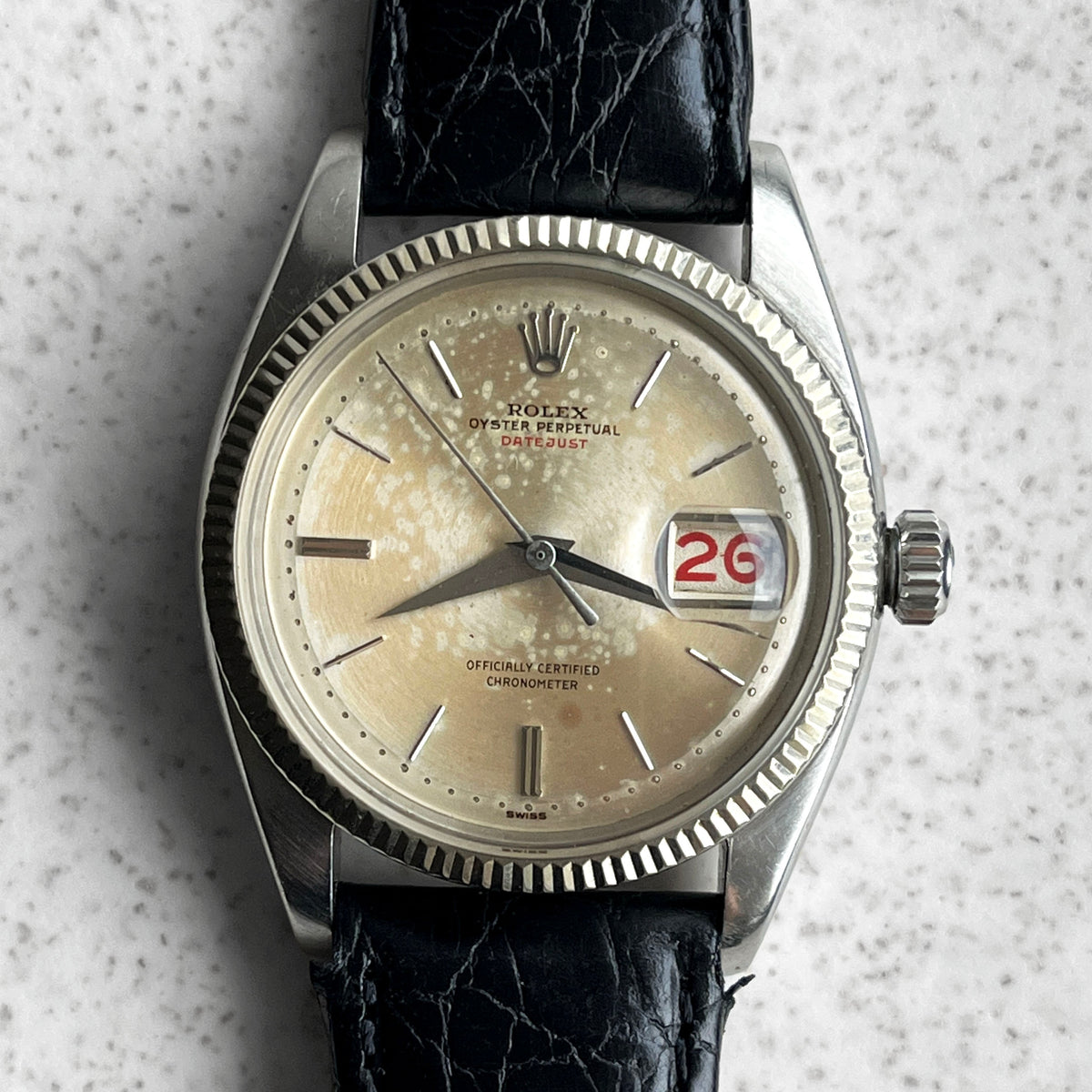 Rolex Ovettone 'Red' Datejust, Ref. 6305, Steel and White Gold
