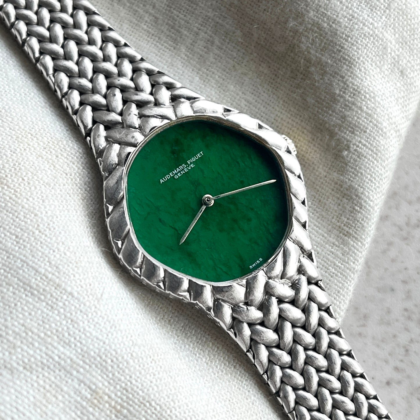 Audemars Piguet Integrated Bracelet Wristwatch with Rare Jade Dial, White Gold