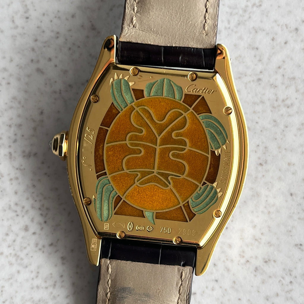 Cartier Tortue Watch with Champleve Enamel Turtle Motif, Ref. 2909, Limited edition 25 pieces, Yellow Gold