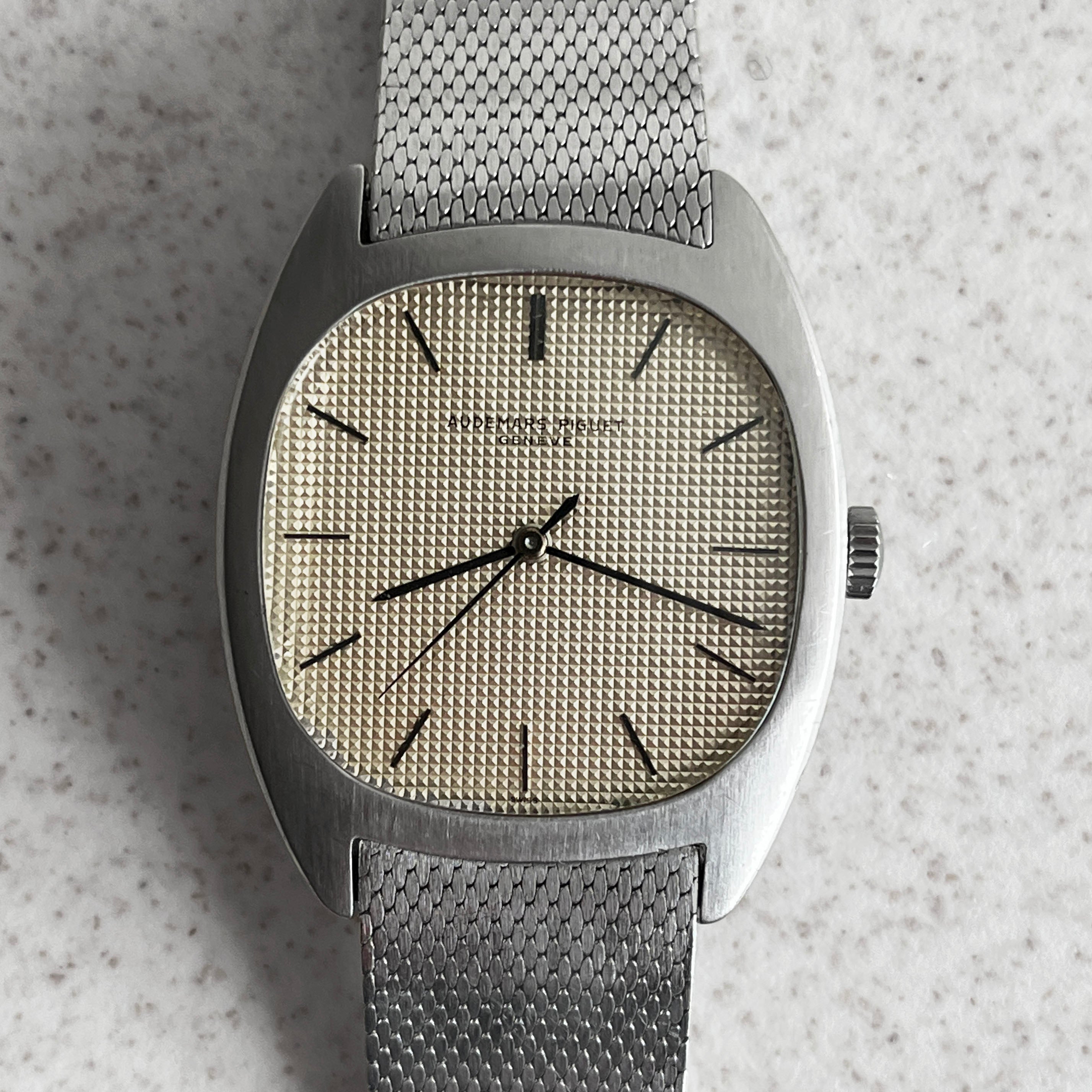 Audemars Piguet Rare Tonneau Watch with Detachable AP Mesh Bracelet, Steel