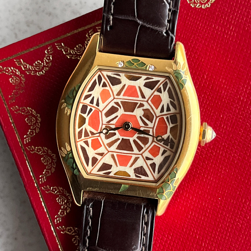Cartier Tortue Watch with Champleve Enamel Turtle Motif, Ref. 2909, Limited edition 25 pieces, Yellow Gold