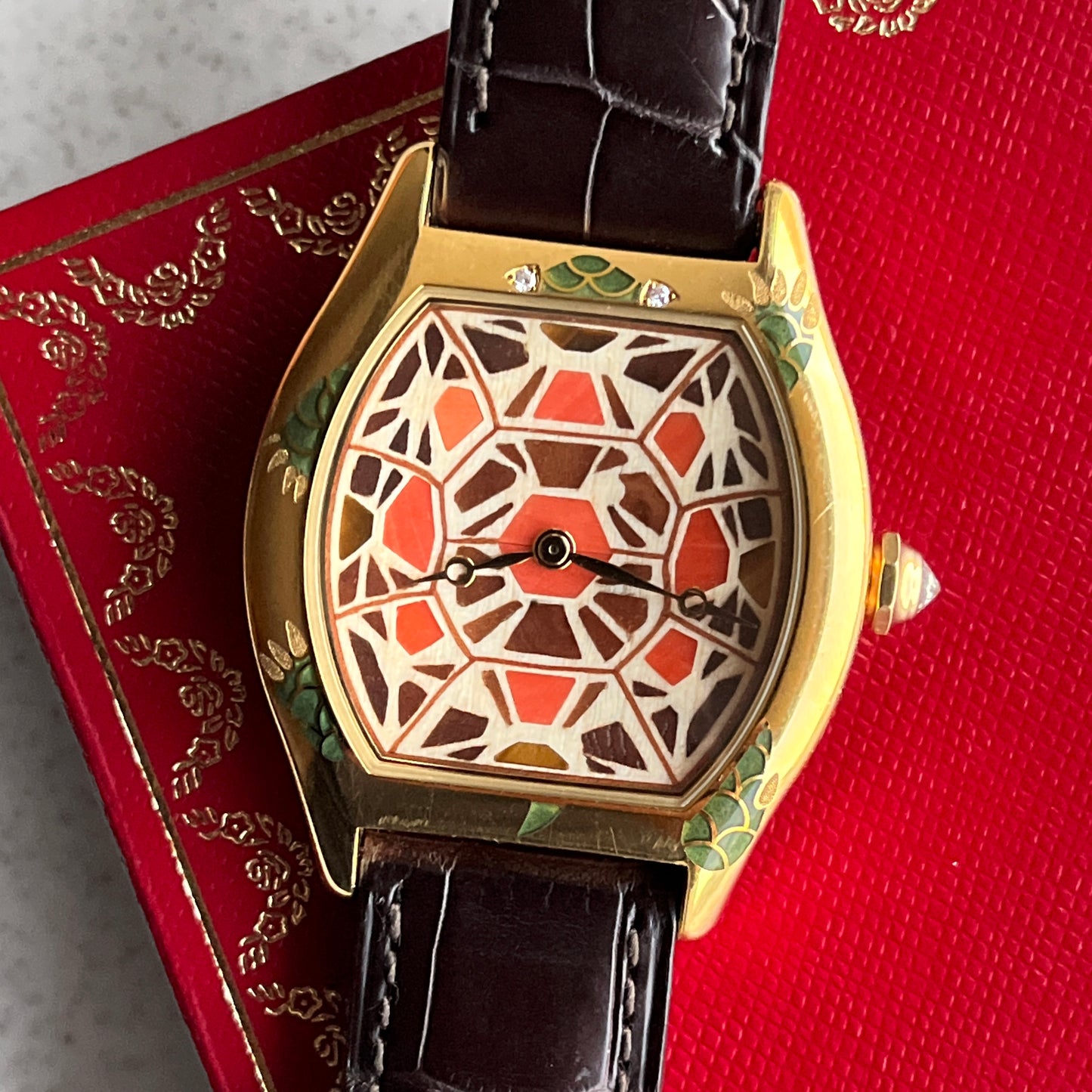 Cartier Tortue Watch with Champleve Enamel Turtle Motif, Yellow Gold