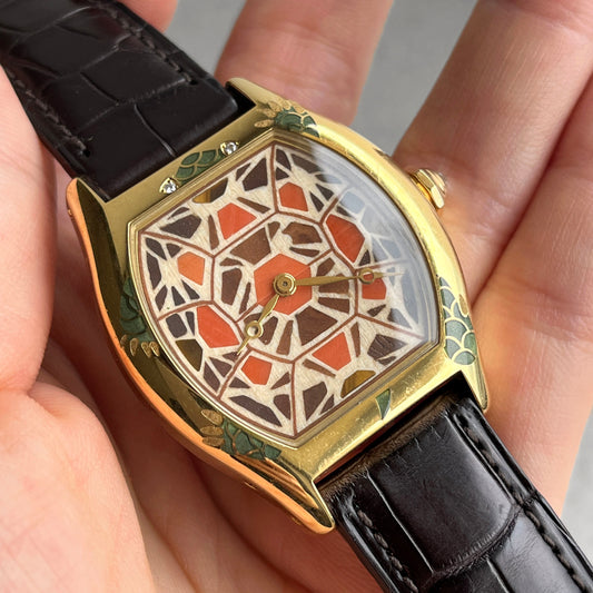 Cartier Tortue Watch with Champleve Enamel Turtle Motif, Yellow Gold