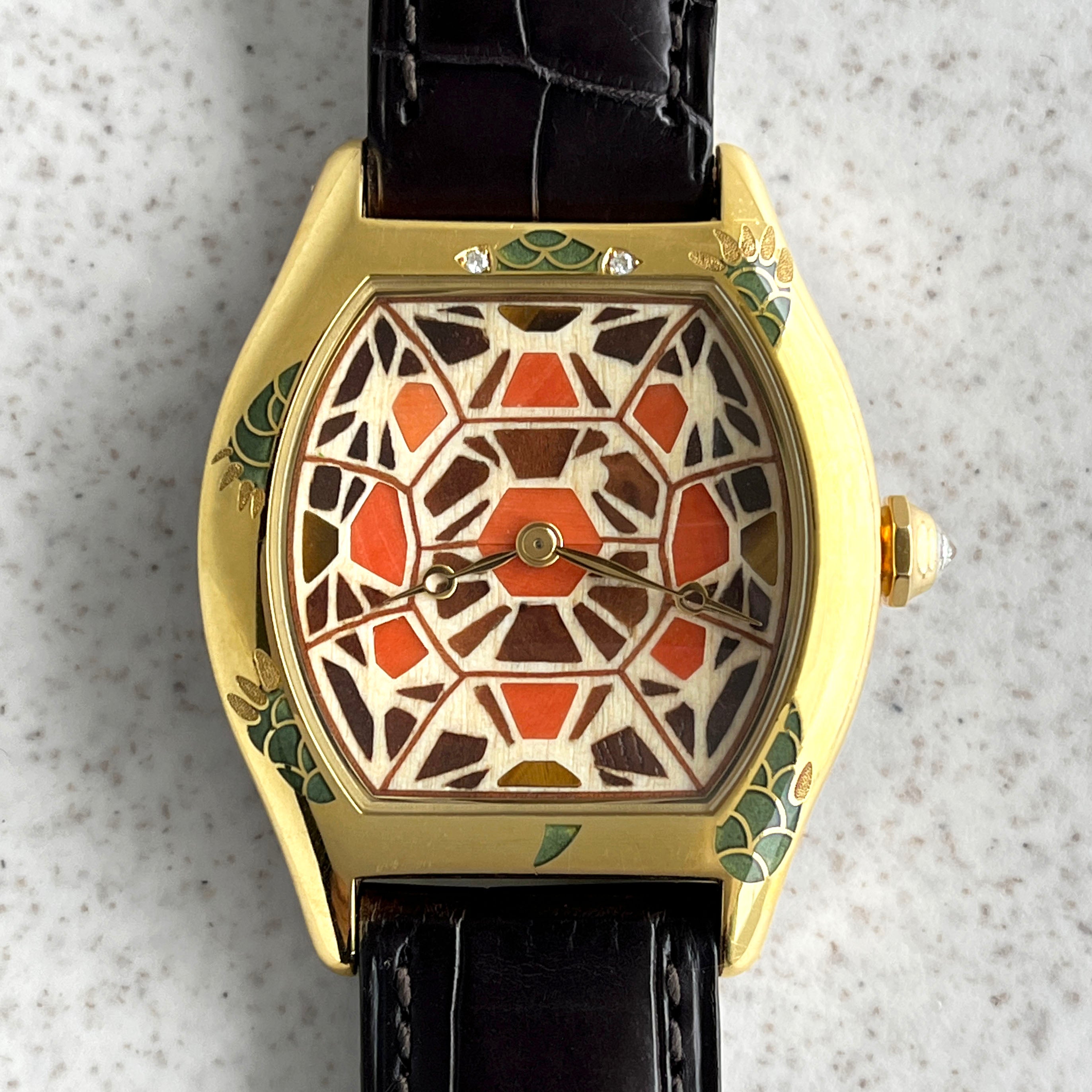 Cartier Tortue Watch with Champleve Enamel Turtle Motif Yellow Gold